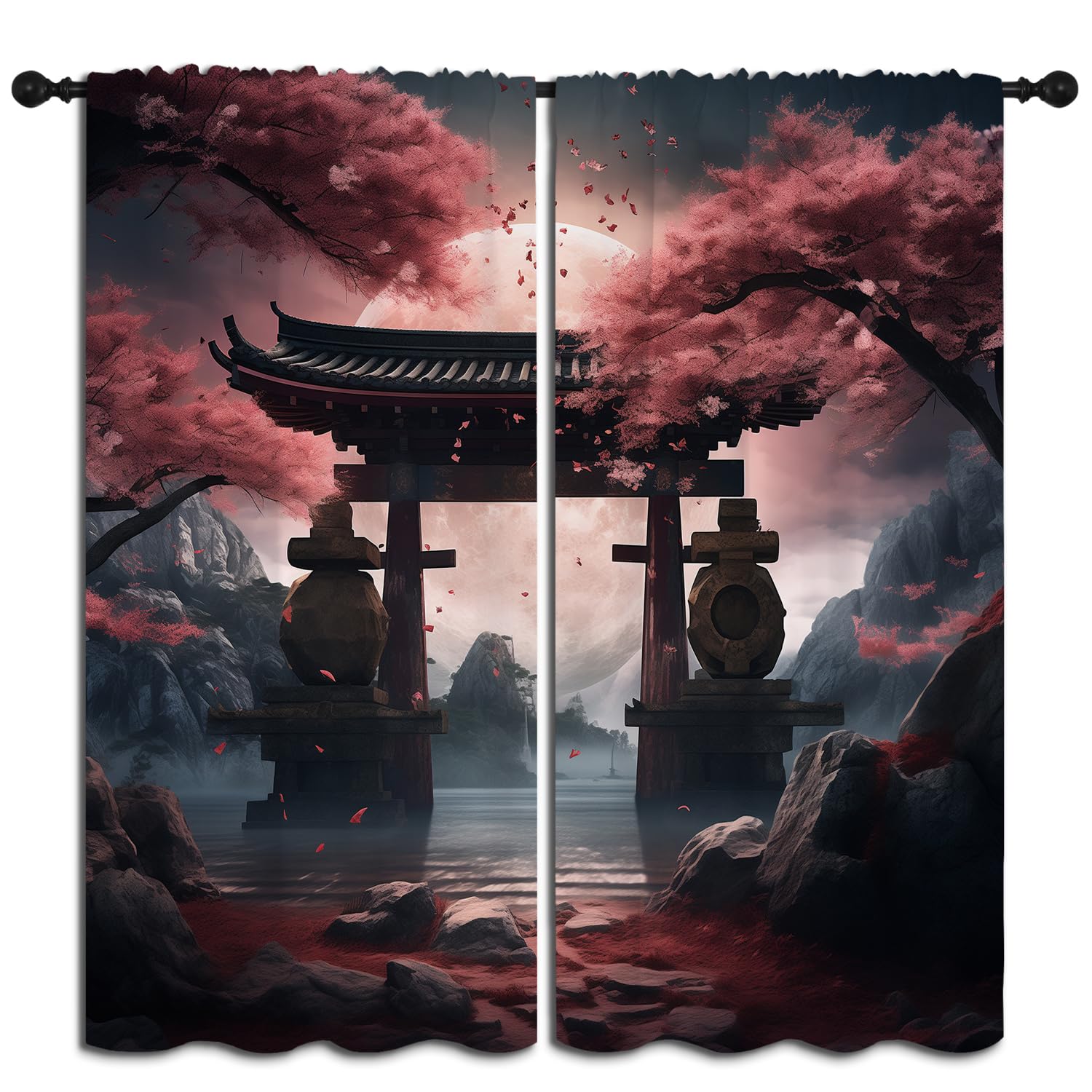 BAIGEZHU Japanese Cherry Blossom Boy Girls Blackout Curtains,Asian Anime Floral Mountain Pink Moon, 2 Panel Rod Pocket Thermal Insulated Drapes for