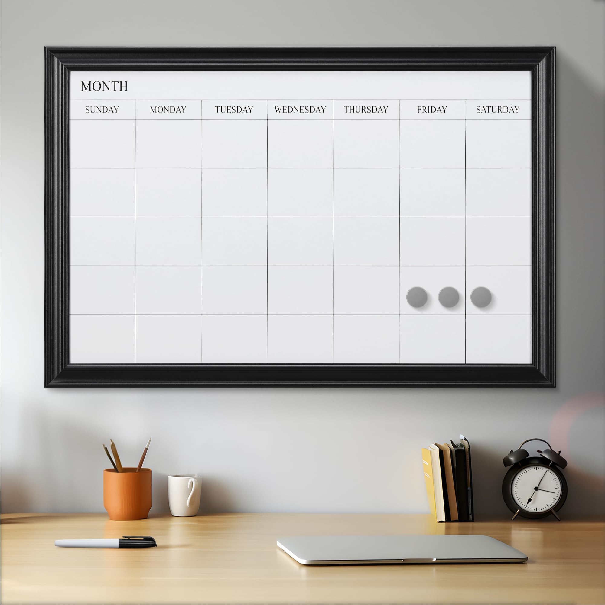Navaris Framed Calendar Whiteboard for Wall - 29.5" x 19.7" Magnetic Dry Erase Monthly Planner - White Board with Frame - Includes Magnets and Marker