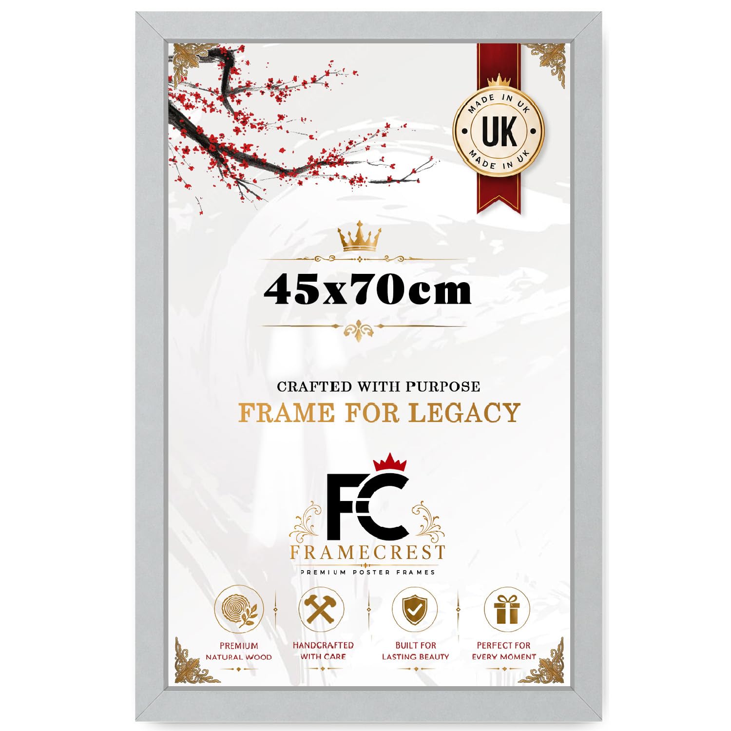 FRAMECREST Stunning 45x70cm MDF Poster/Photo Frame | Solid Engineered Wood/MDF Crystal Clear HD Perspex | Living Room & Office Wall Gallery Décor - [Light Grey]