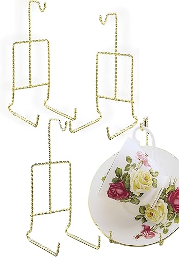 BANBERRY DESIGNS Twisted Gold - Soporte para taza de té y platillo, juego de 4 soportes de latón para tazas de té y platillos coleccionables,