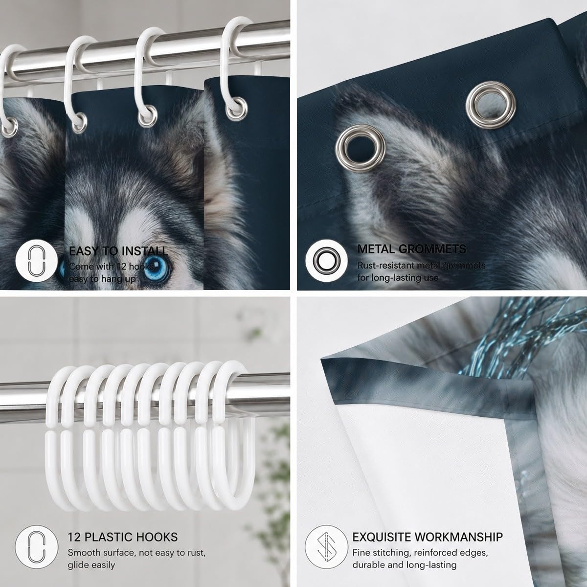 Cane Animale Tenda da Doccia 240x200 cm Poliestere Antimuffa e Lavabile | Carino Fantasia Husky Impermeabile Facile da Pulire Asciugatura Rapida per Vasca da Bagno e Box Doccia