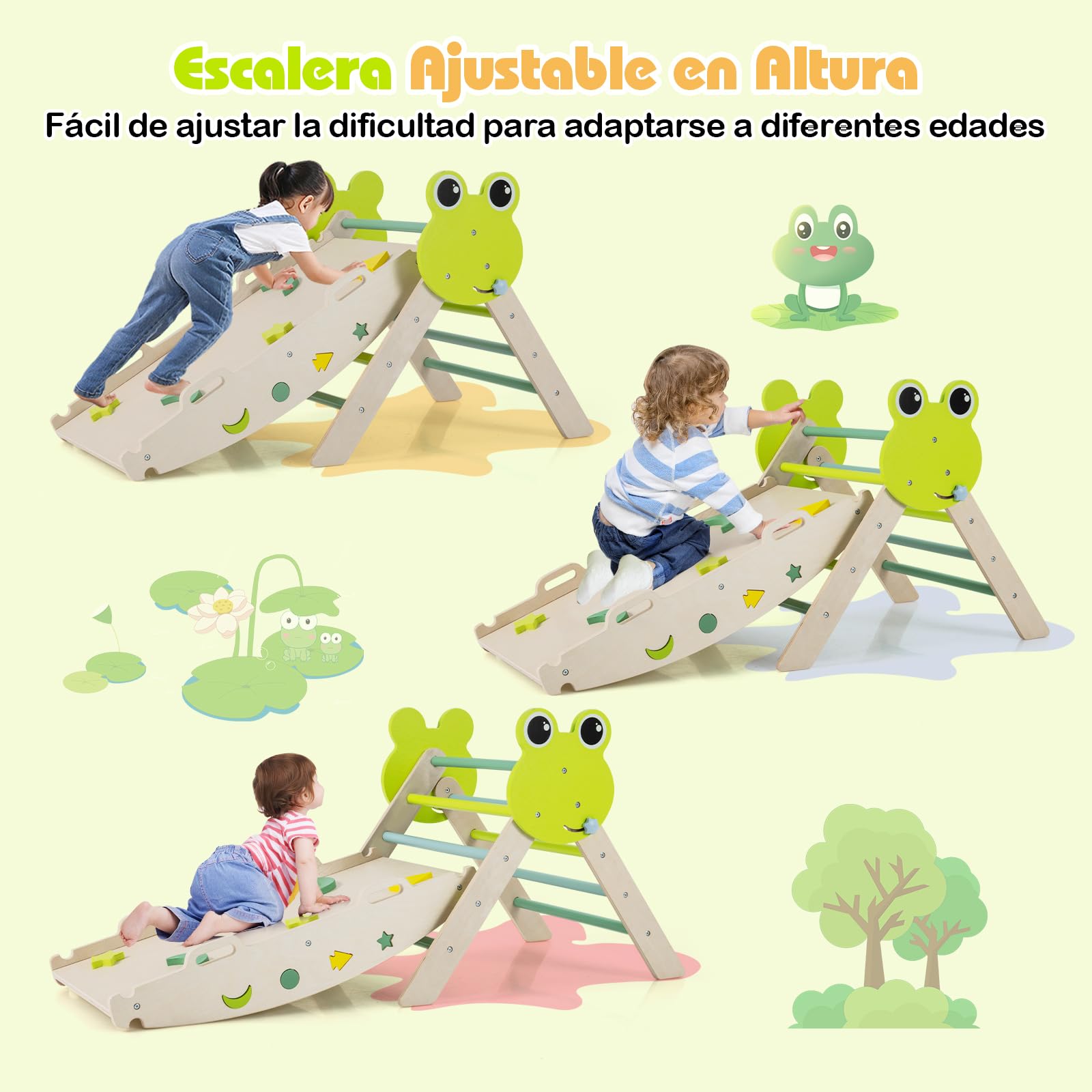 COSTWAY Triángulo de Escalada Interior, Estructura de Escalada Plegable con Tobogán, Arco de Escalar, Triángulo de Madera para Niños de 1+ año (Rana-3 Piezas,Verde)
