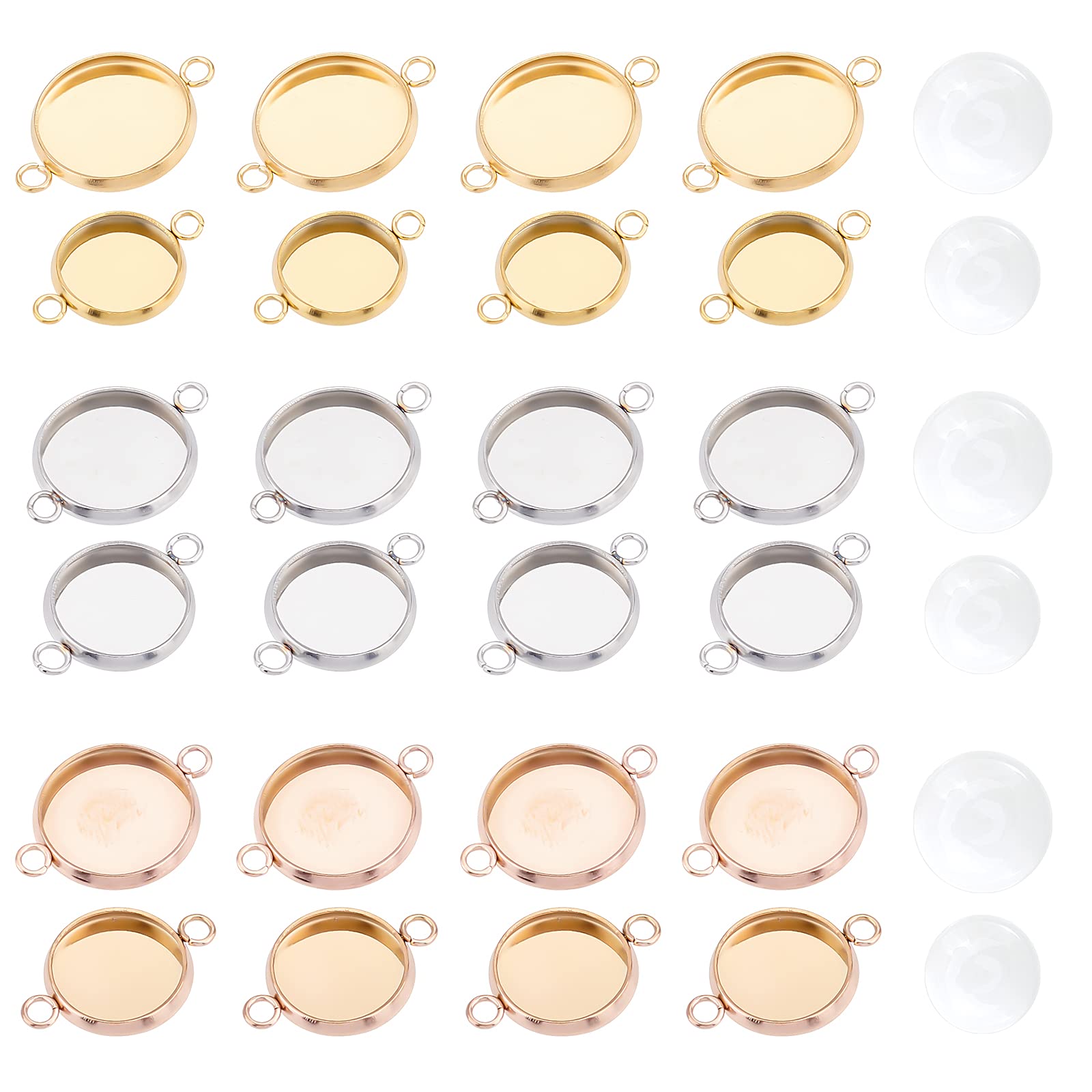 UNICRAFTALE 36pcs 3 Colors 10mm/12mm Cabochon Pendant Bezel Trays with 40pcs Blank Cabochon Flat Round Tray Blanks Stainless Steel Cabochon Connectors Settings for Jewelry Making