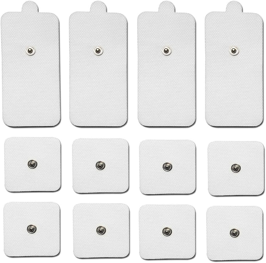 WillHealth TENS Unit Electrodes Pads -12 Piece Snap Electrode Pads for TENS/EMS Digital Therapy Machine Muscle Stimulator Pain Relief Massager - 8pcs 2" Square + 4pcs 2 x 4 Rectangular Massage Pads
