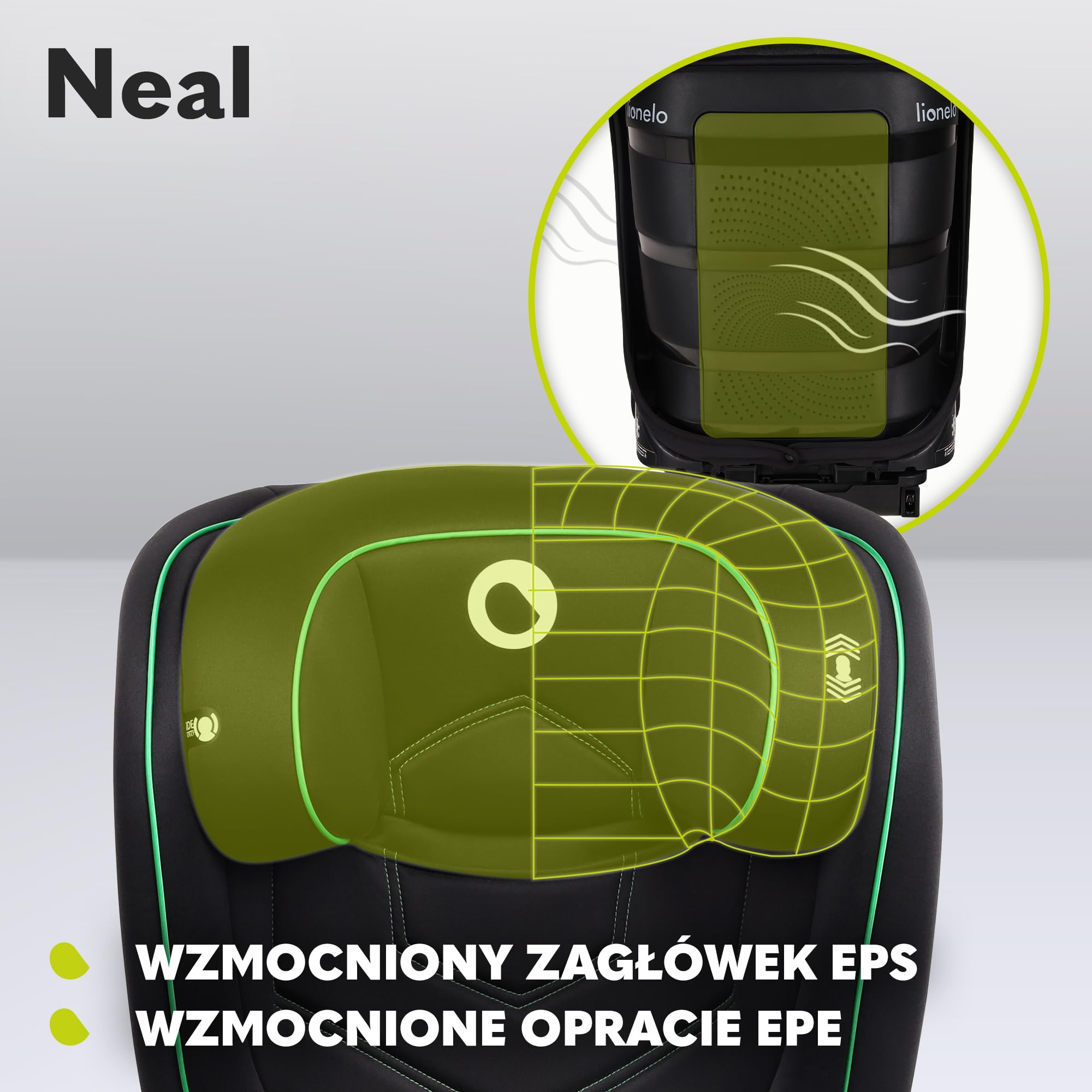 LIONELO Neal fotelik samochodowy do 36kg, zabezpieczenia boczne, Homologacja i-Size, modny design, system montażu ISOFIX, 4-12 rok życia, regulowana wysokość zagłówka, Karta Dziecka (Czarny) | i-Size, 3-stopniowa regulacja oparcia, zagłówek z regulacją wy