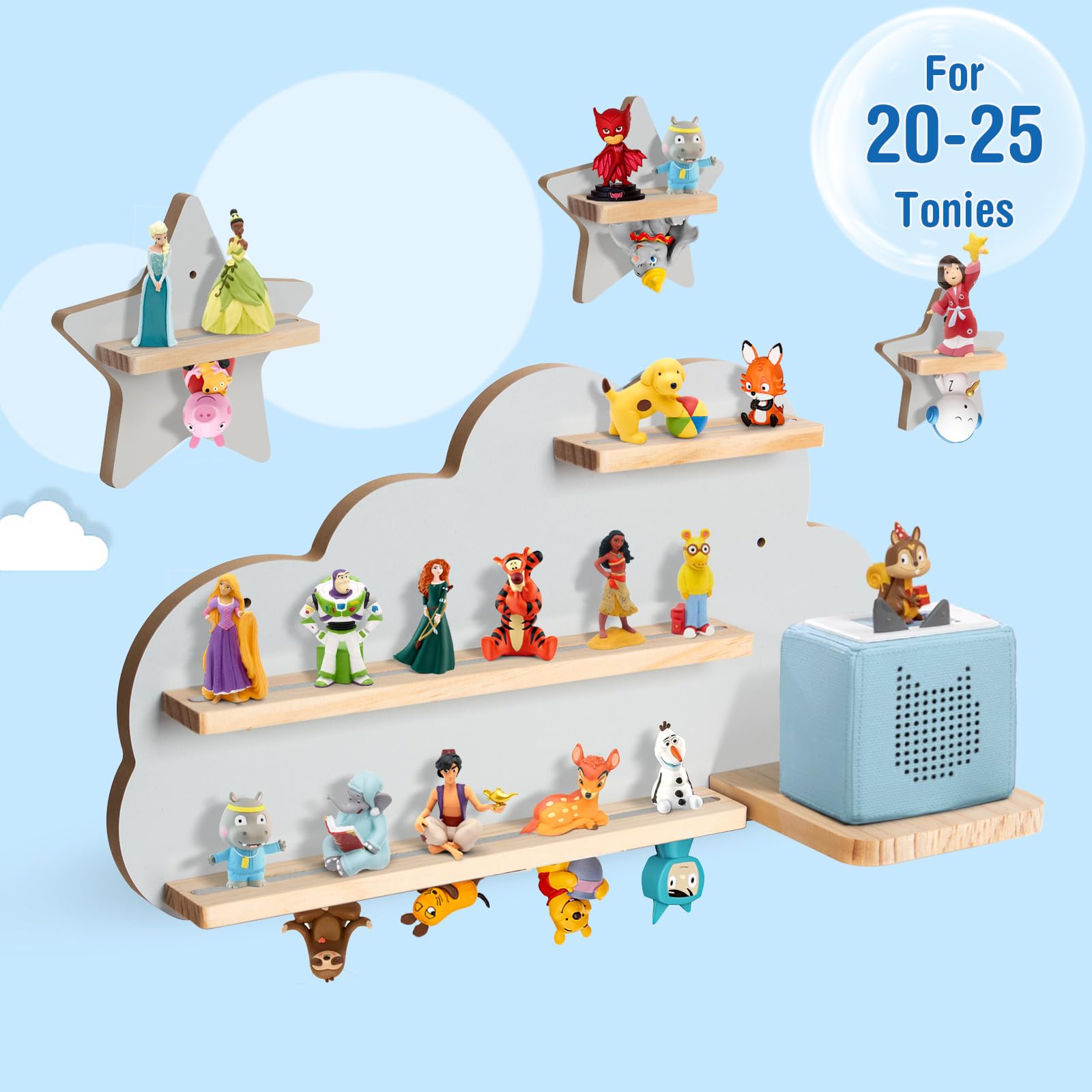 Todeco Étagère Magnétique Murale en Bois, pour Tonie Box et Tonies, Gris | Jusqu'à 20-25 Tonies, Compatible avec Station de Charge, Matériel de Montage Inclus, pour Chambre Enfant, Nuage et étoile