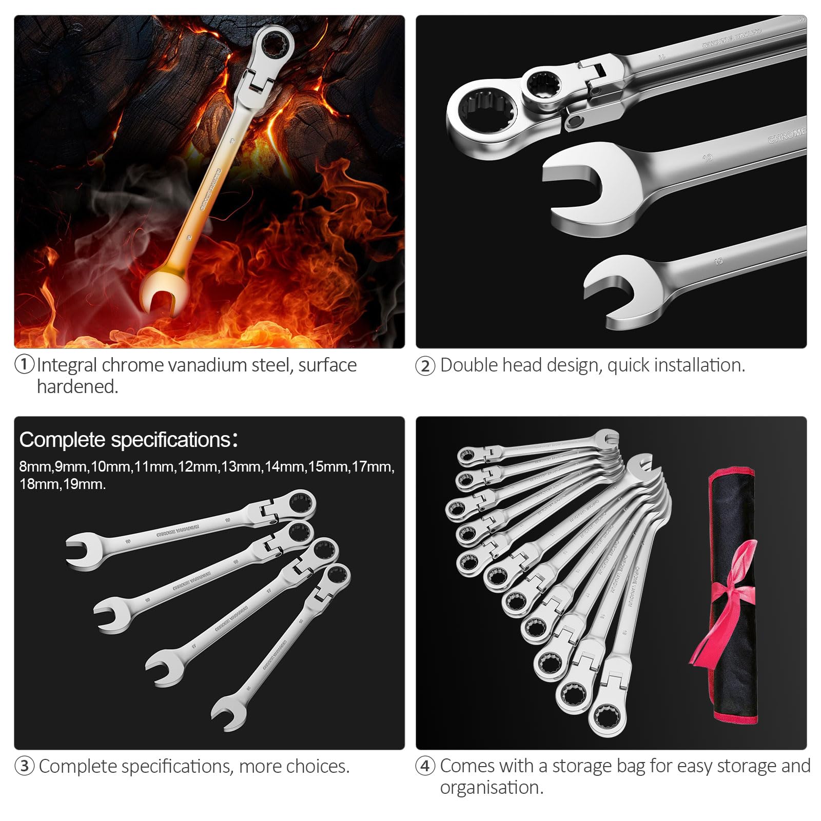 Anesty Lot de 11 clés mixtes à cliquet à tête flexible 72 dents métriques 8-19 mm en acier au chrome vanadium avec pochette de rangement, pour réparation de voiture, entretien industriel