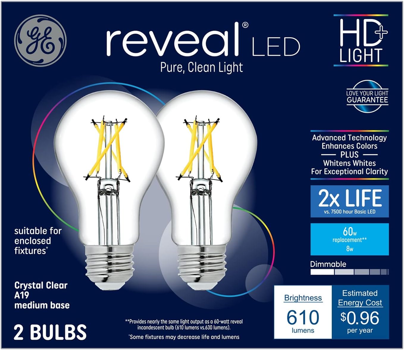 GE Reveal LED 60 watt Equivalent A19 Color Enhancing Dimmable HD Light LED Light Bulb (2 Pack)
