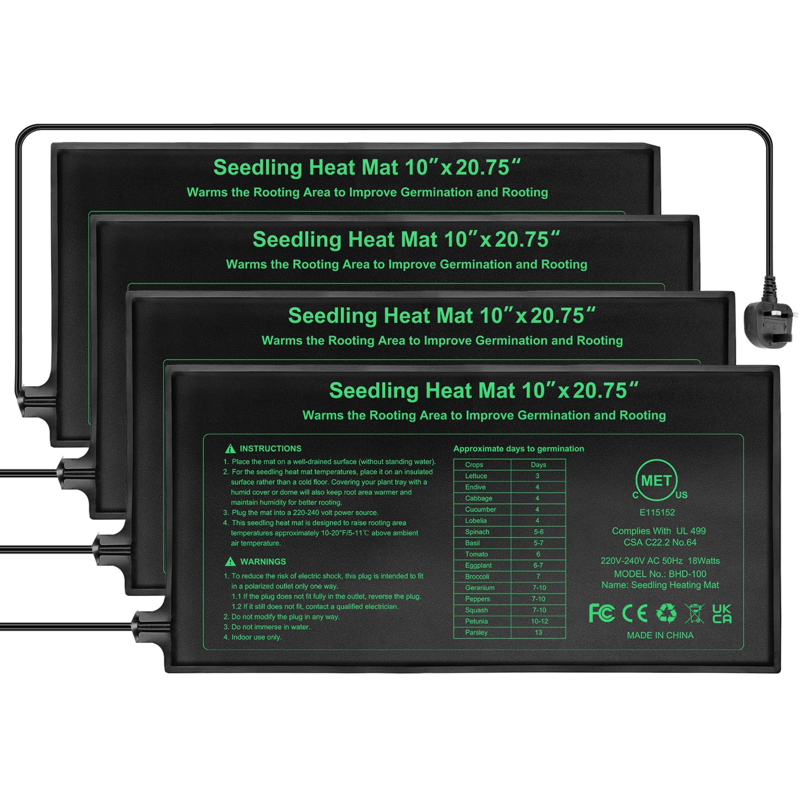 RC SLL Seedling Heat Mat 10" x 20.75",Waterproof Plant Hydroponic Heating Mat for Seed Starting,Plant Germination and Reptile with Power-Off Protection（4 Pack）