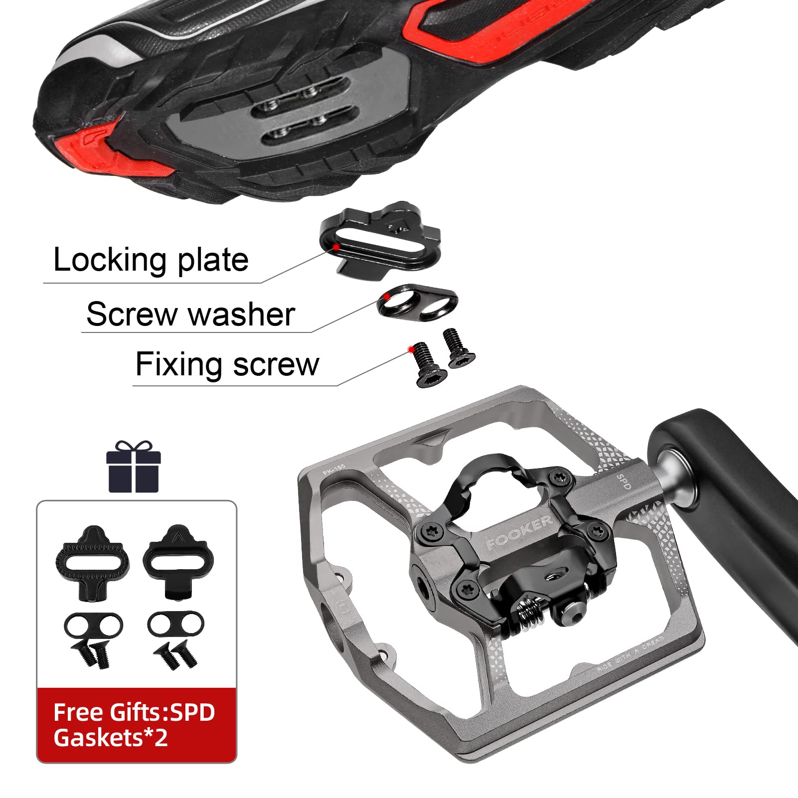 'FOOKER MTB Mountain Bike Pedals, Dual Function Flat and Pedal,3 Sealed Bearing Flat Platform Compatible with Clipless Pedal Aluminum 9/16'' Pedals with Cleats for Road Mountain BMX MTB'