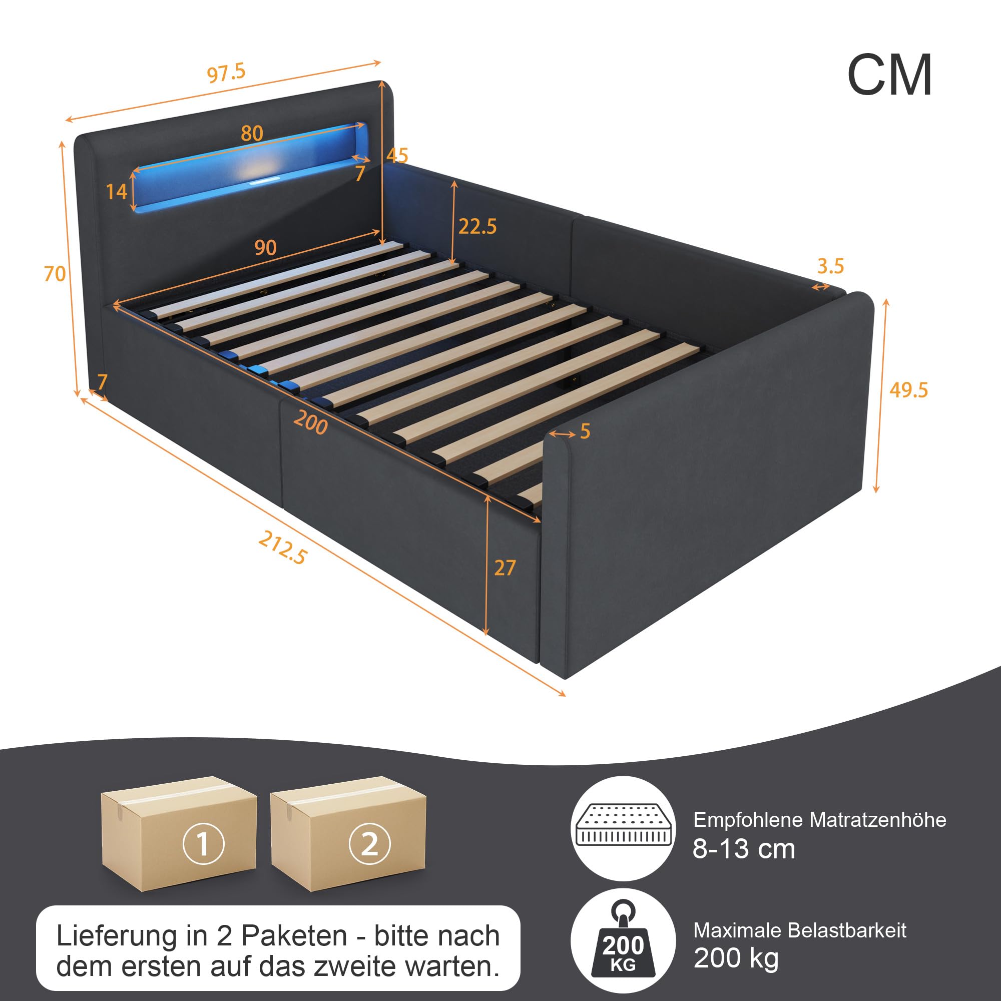 okwish Kinderbett 90x200 Polsterbett mit LED, USB & Bettkasten, Dunkelgrau | Bett 90x200 mit Bettgestell & Lattenrost, aus Samt, ohne Matratze, für Einzelbett, Jugendbett & Stauraumbett