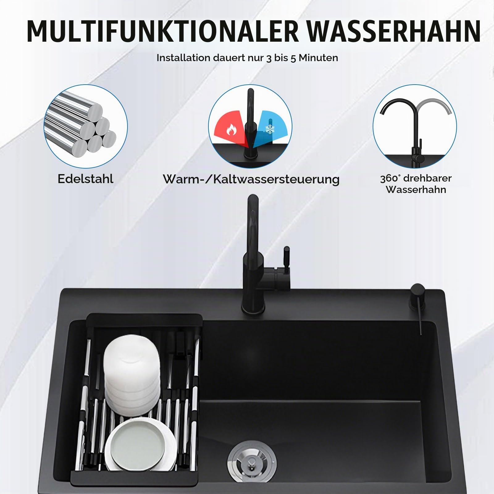 Freistehende Edelstahl Spültisch mit Warm und Kaltwasserhahn, Kitchen Sink Waschbecken mit Aufbewahrungsschrank, Abtropfkorb für Außen, Innen, L:68/80 CM