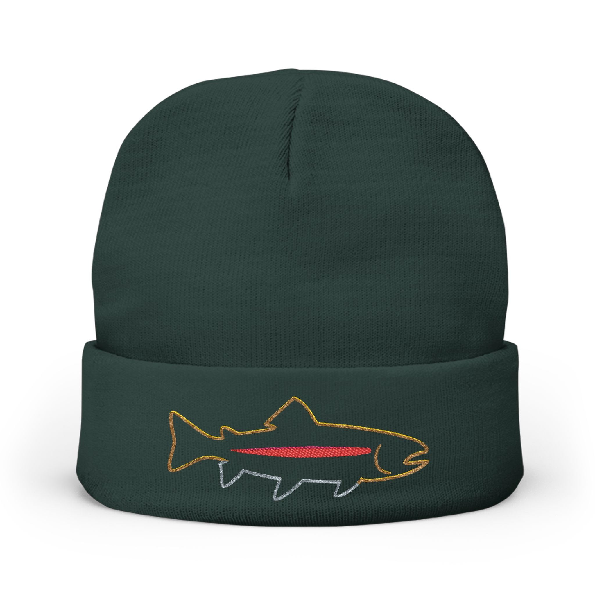 Rainbow Trout Beanie - Embroidered Trout Outline Knit Hat with Pink Stripe - Fly Fishing Gift for Anglers