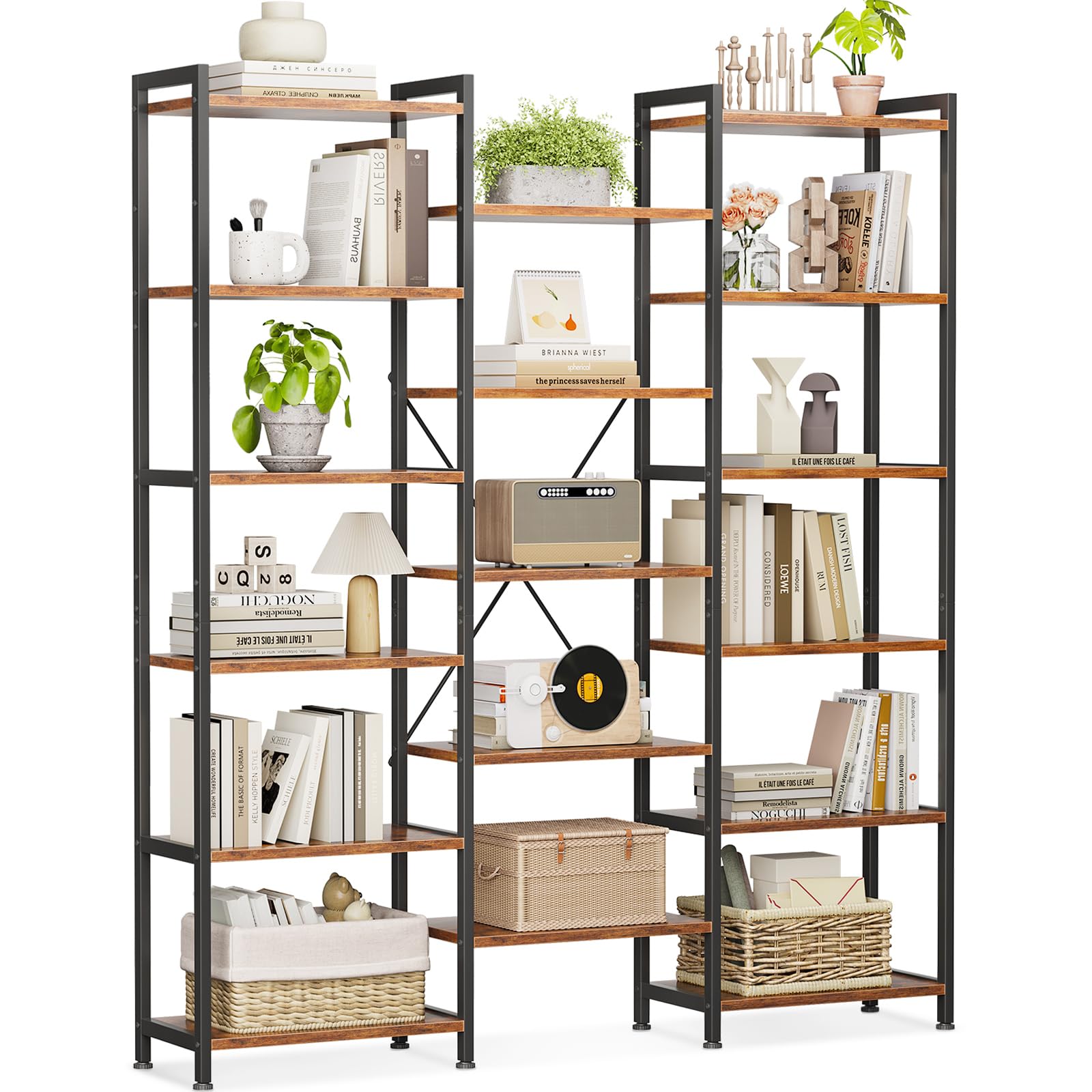 Coleshome Triple Bookshelf, Large Bookcase with 14 Open Display Shelves, Industrial Book Shelves Book Case for Bedroom, Wide Standing Shelving Unit for Living Room Home Office (Rustic Brown, 6-tier)