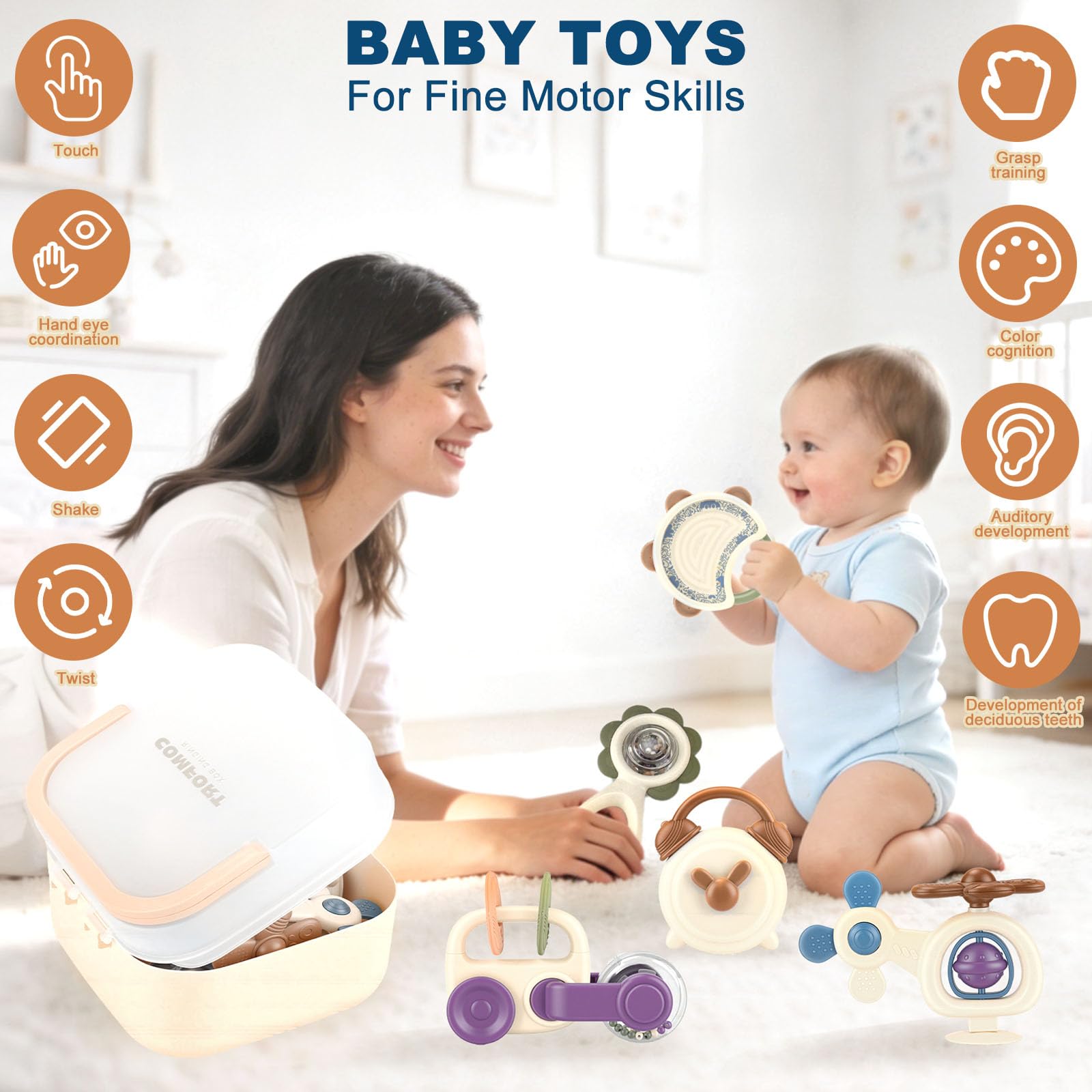 JOYBOY Hochet Bébé 10 Pièces, Montessori Jouet Dentition Éveil 0-12 Mois | Cadeau Nouveau-Né Fille Garçon — Accessoire Sensoriel dès la Naissance, Soulage Gencives et Stimule les Sens, Kit Complet