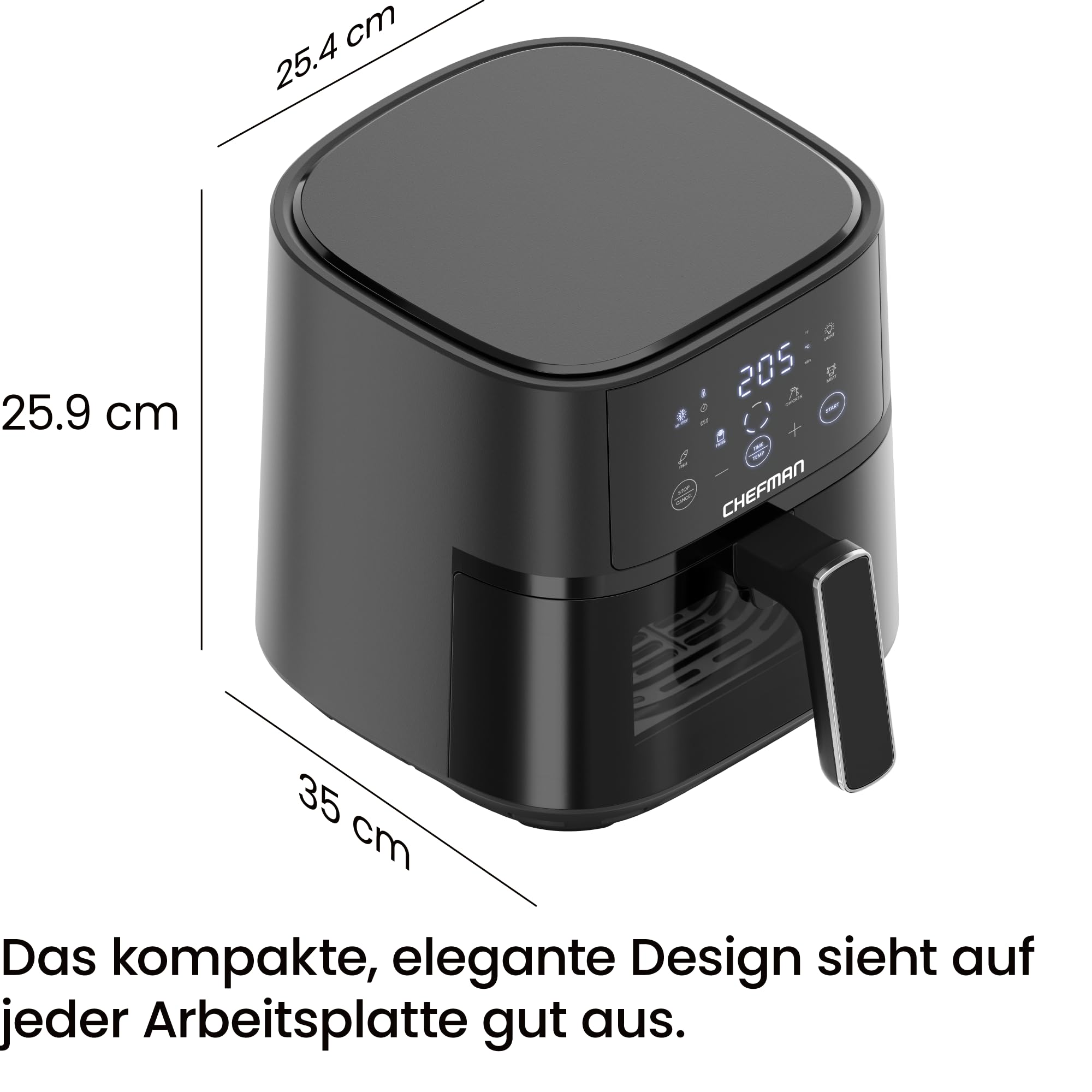 Chefman Heißluftfritteuse 3,75L mit Hi-Fry-Technologie, Sichtfenster | Kompakt, Touch Controls, antihaftbeschichtet, spülmaschinenfest, Schwarz