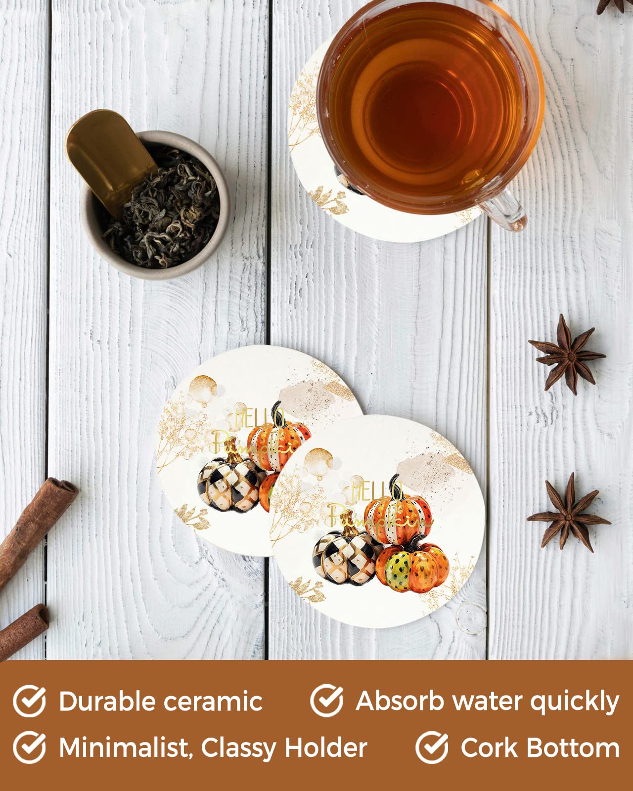 Set Of 6 Fall Pumpkin Coasters | Absorbent Ceramic Stone Drink Coasters With Cork Bottom & Metal Holder | Vintage Autumn Decor, Housewarming Gift