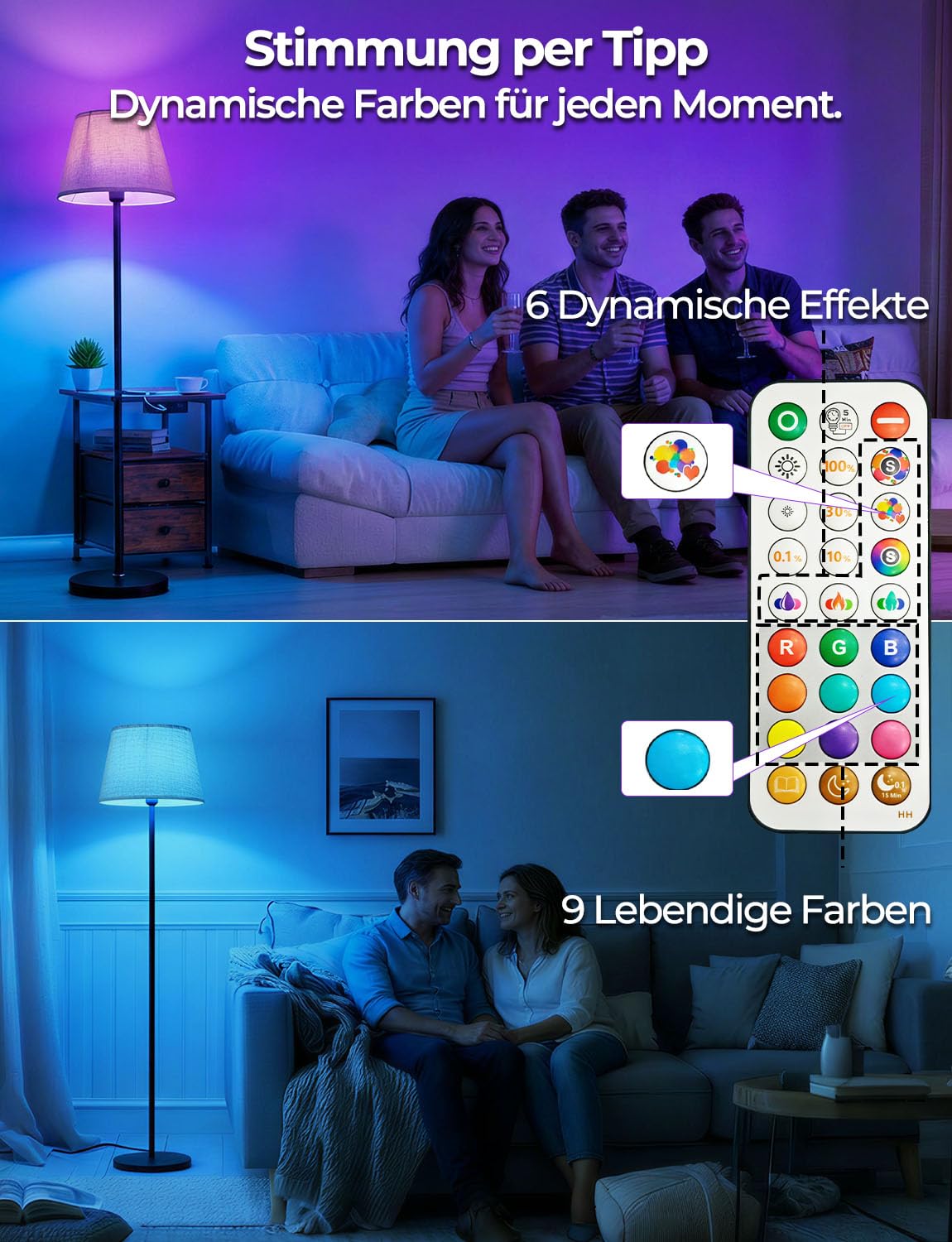 Stehlampe Wohnzimmer Dimmbar RGBDW mit Fernbedienung und Fußschalter, 9 Farben + 6 Dynamische Modi, 152cm Moderne Stehlampe mit 10W 1200LM LED Glühbirne, CRI92, Zeitschaltuhr, für Schlafzimmer & Büro