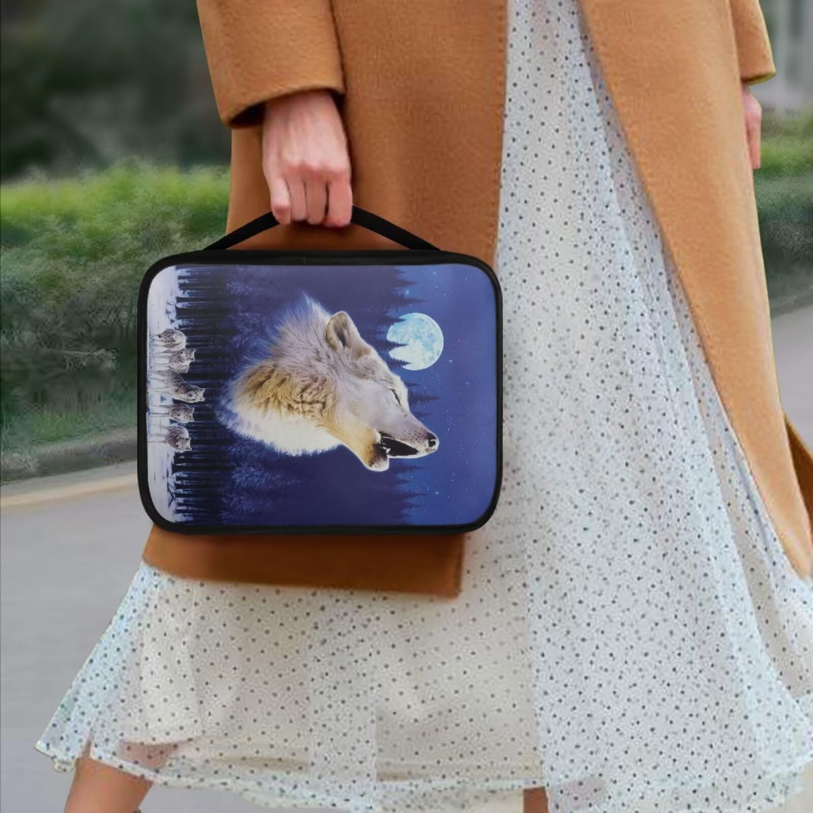 NETILGEN Bible Cover Case Zipper Bible Protective Portable Notebook Carrying Case with Handle Church Bag Perfect Gift for Women Men Girls Moon Wolf - Image 3