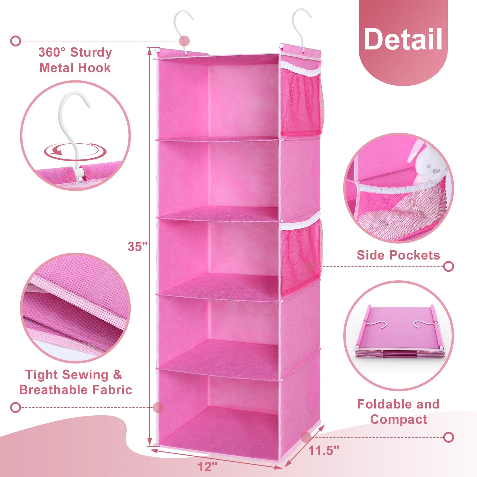 MAX Houser Organizador de armario colgante de 5 estantes, estantes de almacenamiento colgantes con 4 bolsillos laterales, ahorro de espacio para dormitorio, plegable (rosa)