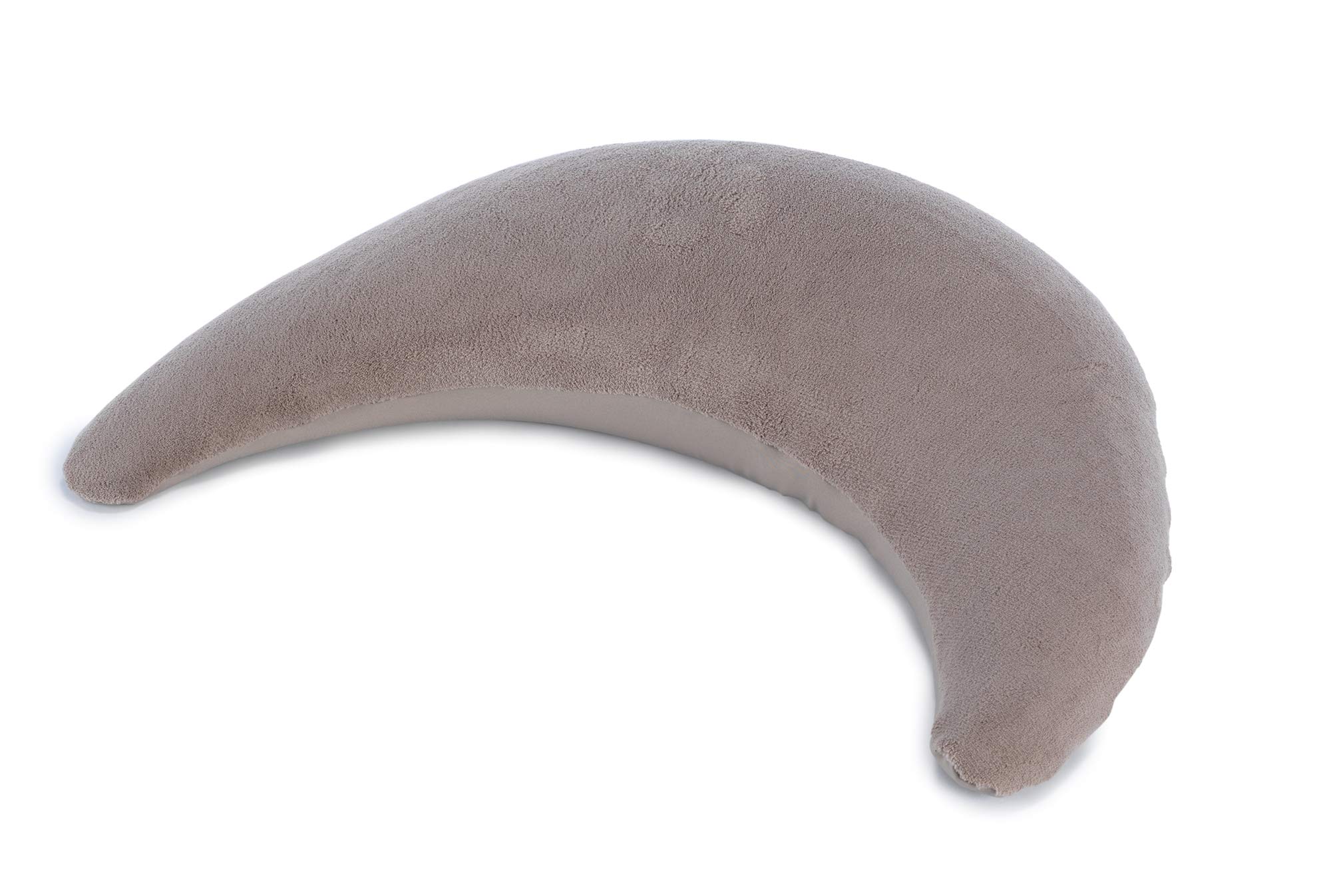 Theraline Plüschmond Stillkissen, Kopfkissen und Nackenkissen mit Perlen, ergonomisches Kissen zum Stillen, Schlafen und Lesen, Stillmond mit Plüsch, Mondkissen waschbar bis 40°C (Taupe)