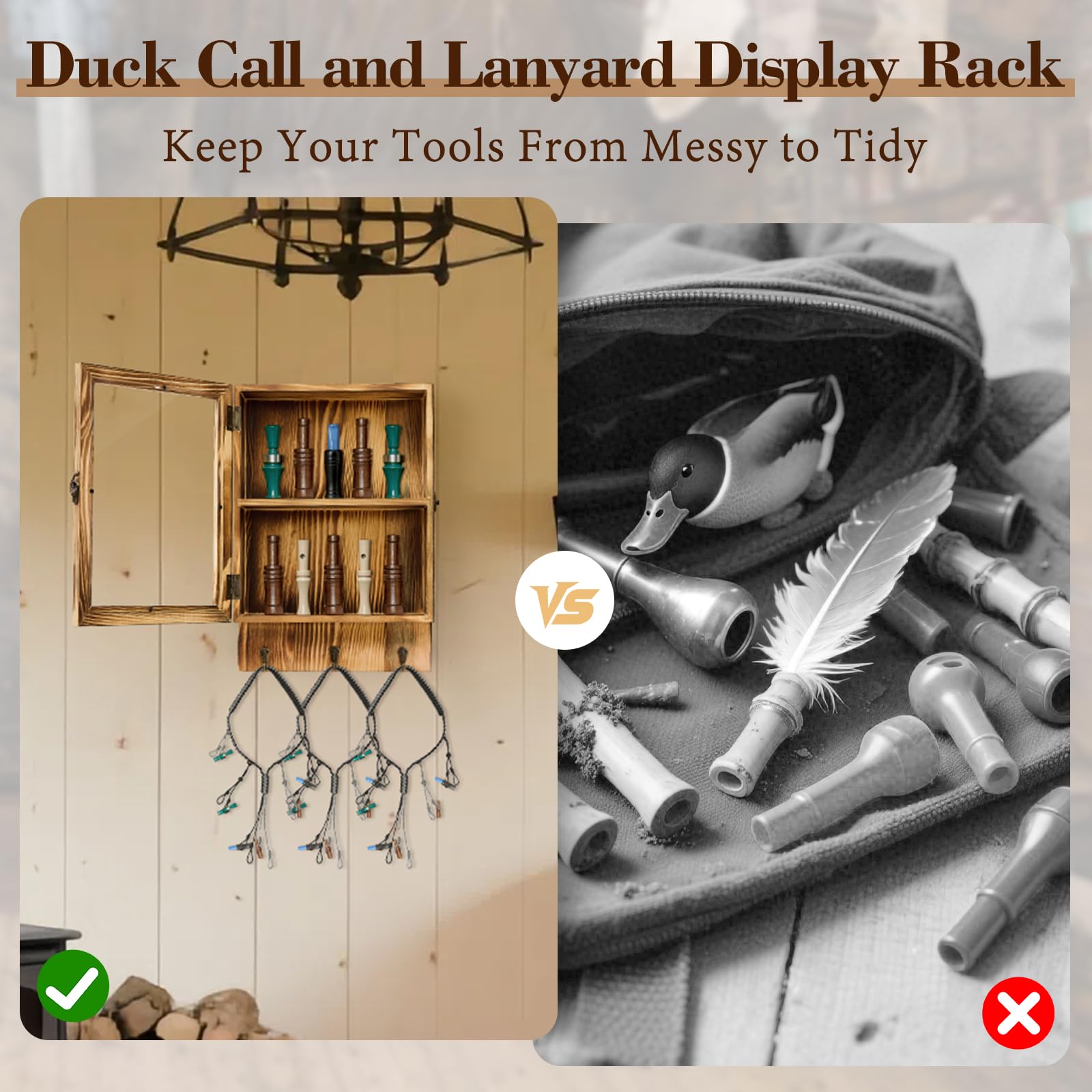 Duck Call Display Rack con 10 slot e 3 ganci per cordino, attrezzatura da caccia con anatra con porta in acrilico trasparente, organizer da parete in legno, per uomini e collezionisti