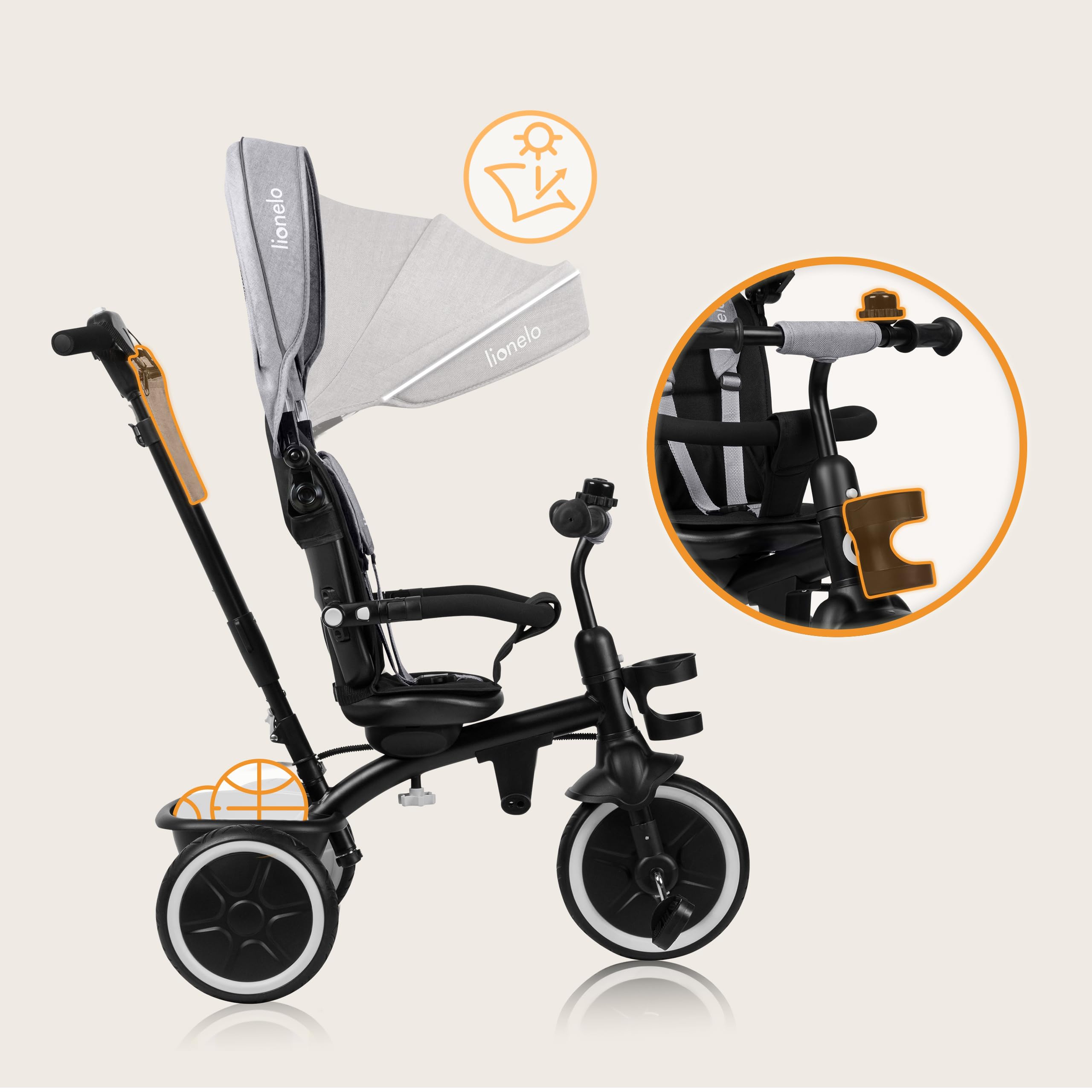 LIONELO Berry Multifunktionales Dreirad und Kinderwagen von 9 Monaten bis 5 Jahren bis zu 25 kg Große PU-Räder, Dreirad-Drehsitz 360° Montage ohne Werkzeug