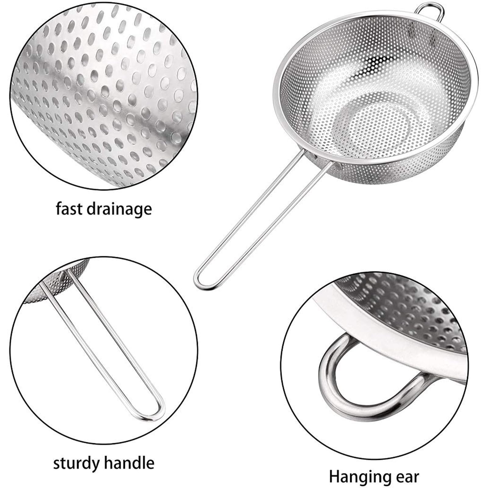 Scolapasta in acciaio inox a maglie fini per filtrare e drenare efficacemente vari ingredienti