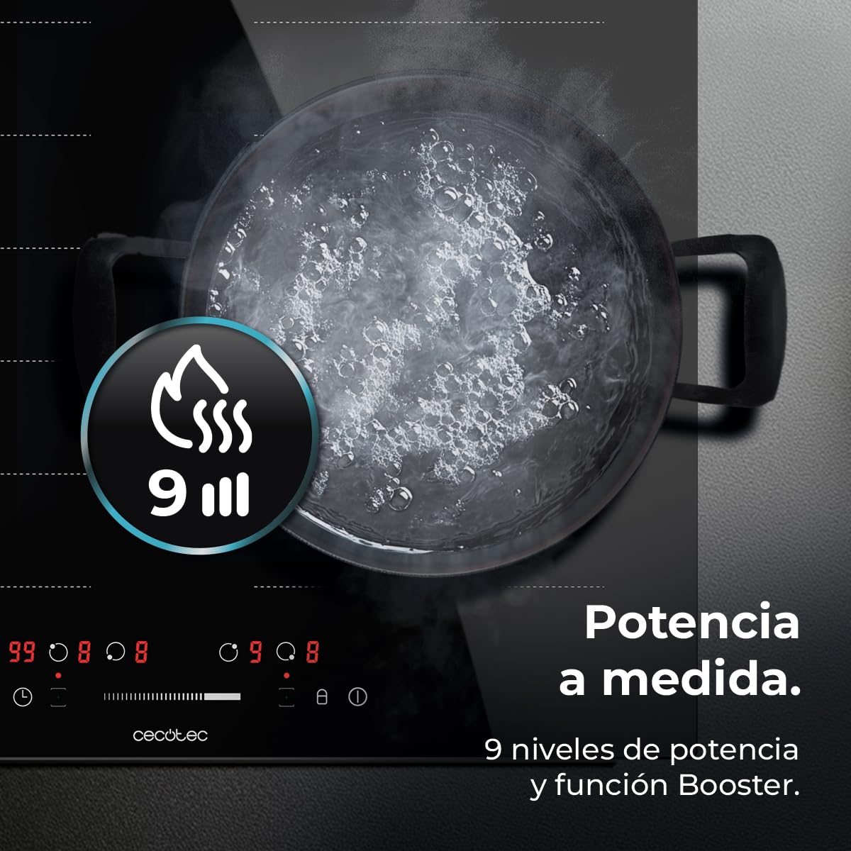 Cecotec Placa de Inducción 2 Zonas Flex Bolero Squad 4001 Flex. 7200W, 9 Niveles, Bajo Consumo, Temporizador, Booster Function, Control Táctil, Bloqueo para Niños, Stop&Go
