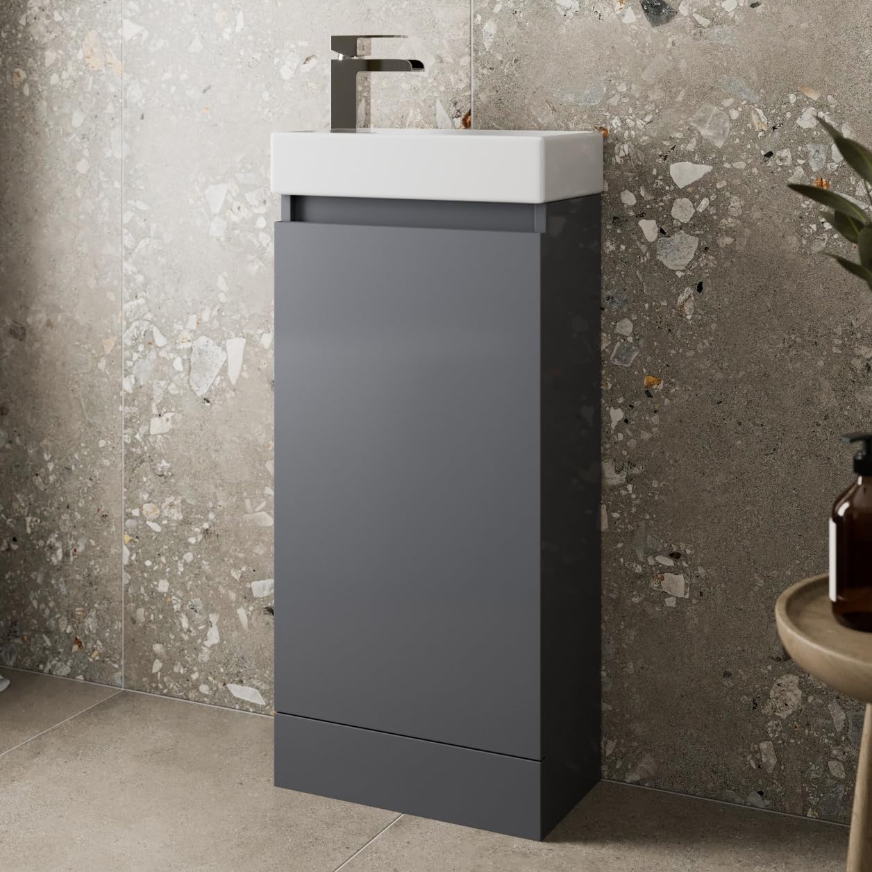 Artis 400mm Bathroom Vanity Unit With Wash Basin Ceramic Sink, Single Door, Cloakroom Storage Furniture Under Basin Cabinet, Floorstanding Cabinets, Grey Gloss โ image 1