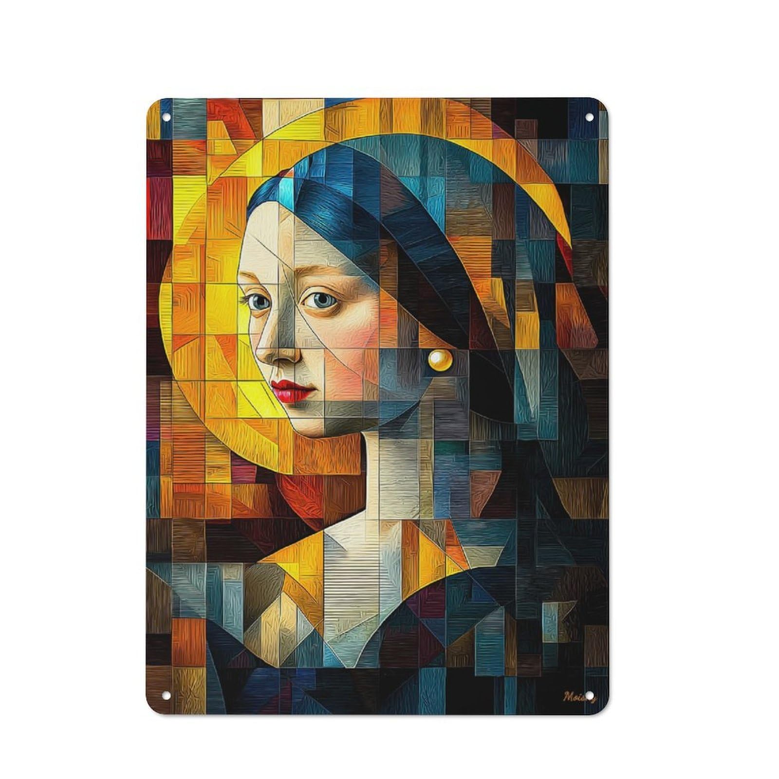 Junmoney Girls With A Pearl Earring Stained Glass Mosai C. Decorative Metal Sign 40X30cm, Understated Studio Wall Plaque For Hobby Room, Office, Lounge Or Living Room