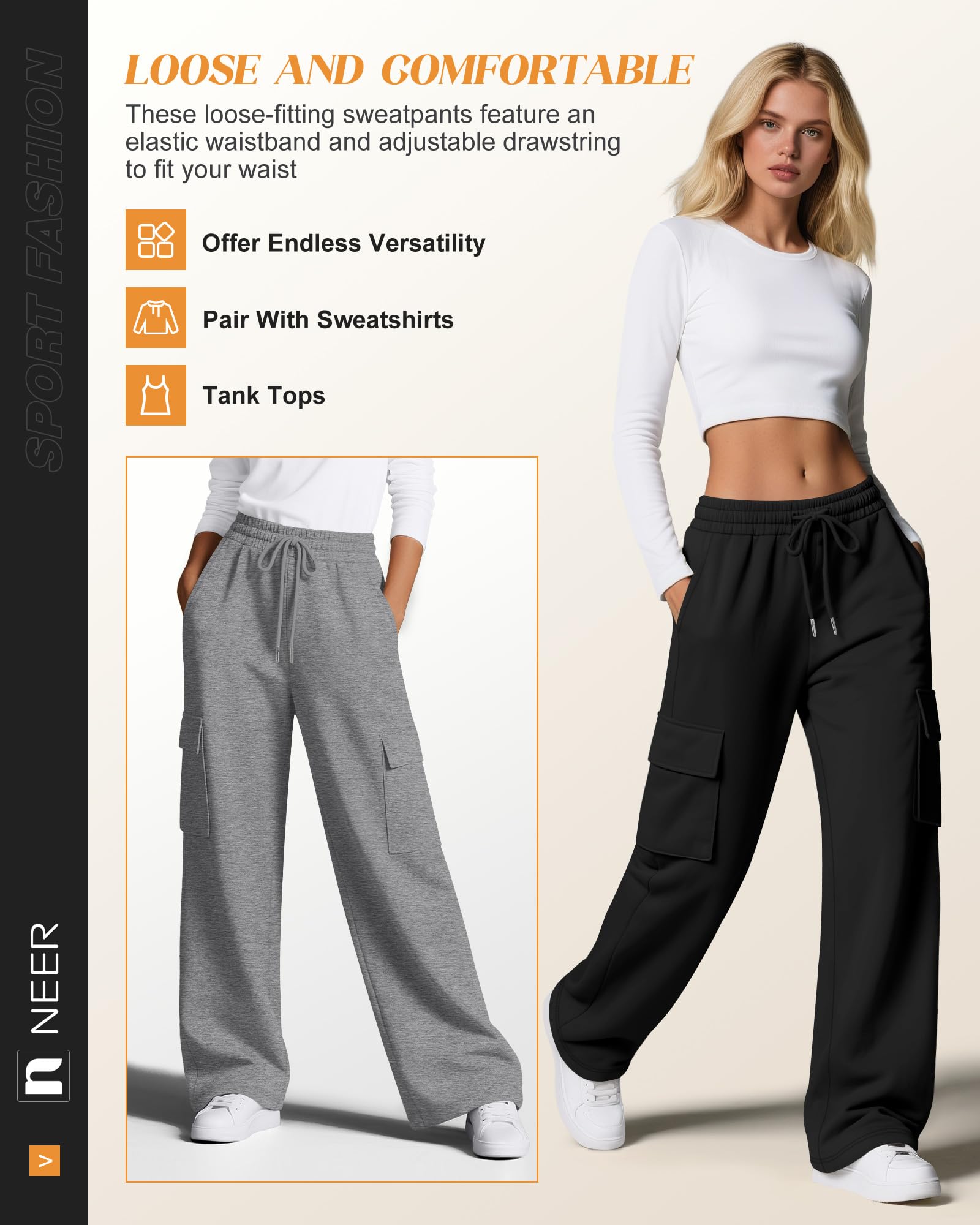 Neer 3er Pack Damen Cargohosen Weitbein Oversize Jogginghosen Elastischer Bund mit Kordelzug Freizeithosen mit 4 Taschen