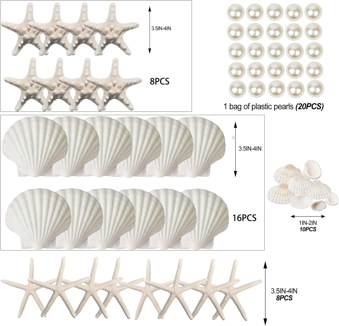 JQAQJU 32PCS Starfish and Scallop Shells for Crafts 3"-4" with Pearls, Natural Sea Shells for Crafting Beach Party Christmas Decor DIY