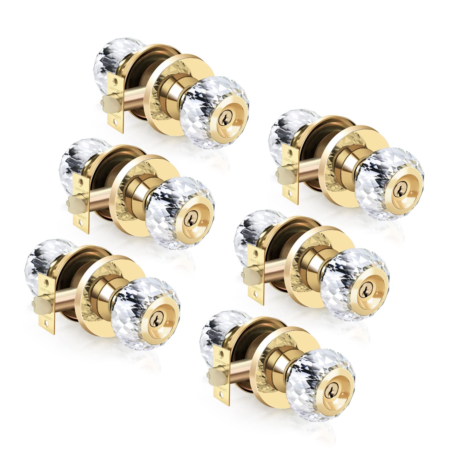 Crystal Door Knobs with Lock and Keys, 6 Pack Keyed-Alike Glass Door Knob, Interior Entry Door Knob Lockset with Same Key, Bedroom/Bathroom Privacy Keyed Door Knob,Gold