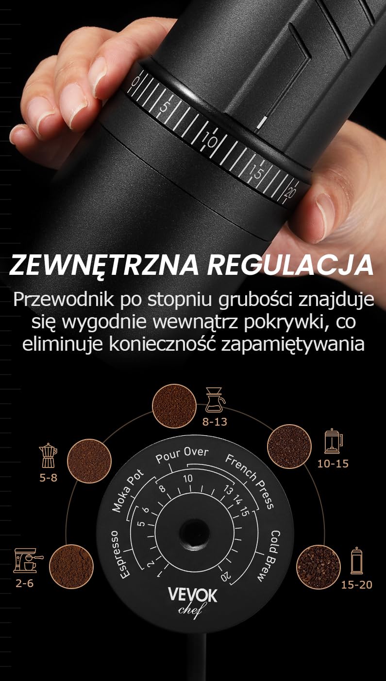Vevok Chef Ręczny młynek do kawy O20-20 poziomów regulacji zewnętrznej, pojemność 35 g z walizką podróżną i sprzętem czyszczącym, konsekwentne mielenie Ti-Plated stal nierdzewna stożkowy zadzior