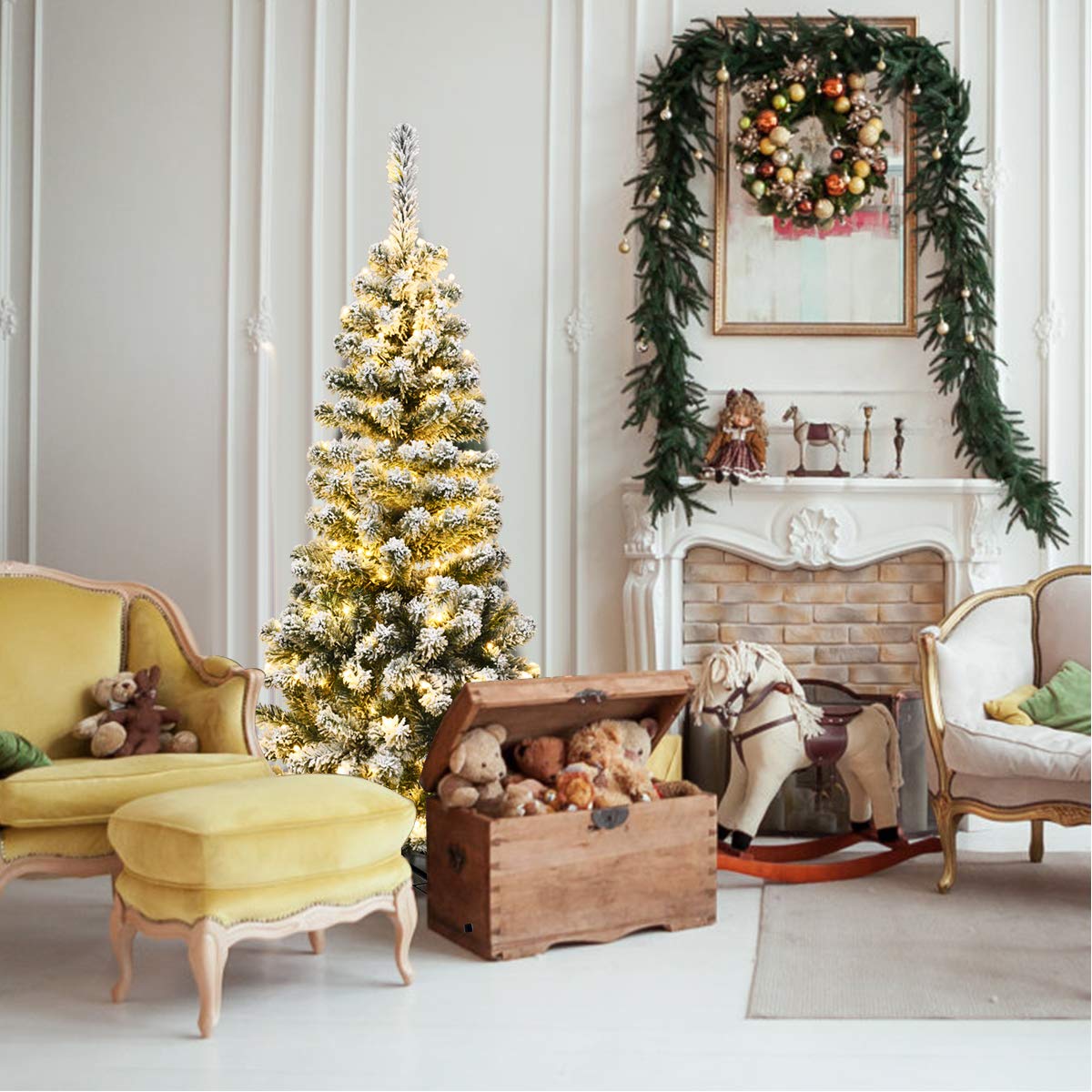 LIFEZEAL Árbol de Navidad Artificial, Abeto Artificial Nevado Iluminado, Árbol de Navidad Nevado Fino con 150/250/350 Luz LED y 242/500/641 Ramas, Base de Metal Plegable (140cm)
