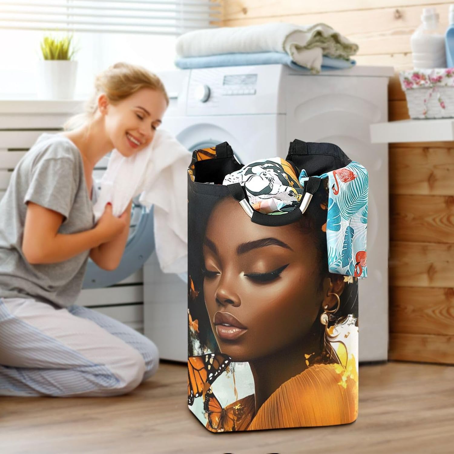 55L Laundry Basket Afro Woman Butterflies, Freestanding Laundry Hamper – Collapsible, Cool Design, Waterproof Fabric, Aluminum Handles for Family Dorm