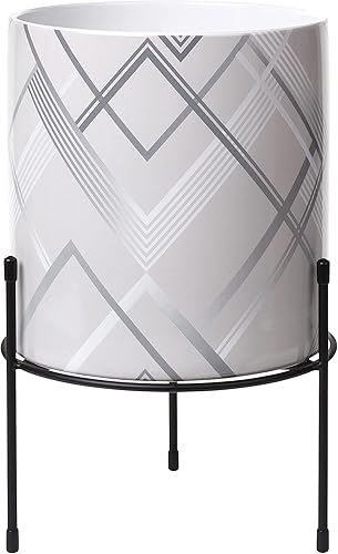 DR&Co Maceta de mediados de siglo con soporte, maceta de cerámica gris de 8 pulgadas con orificio de drenaje, uso en interiores