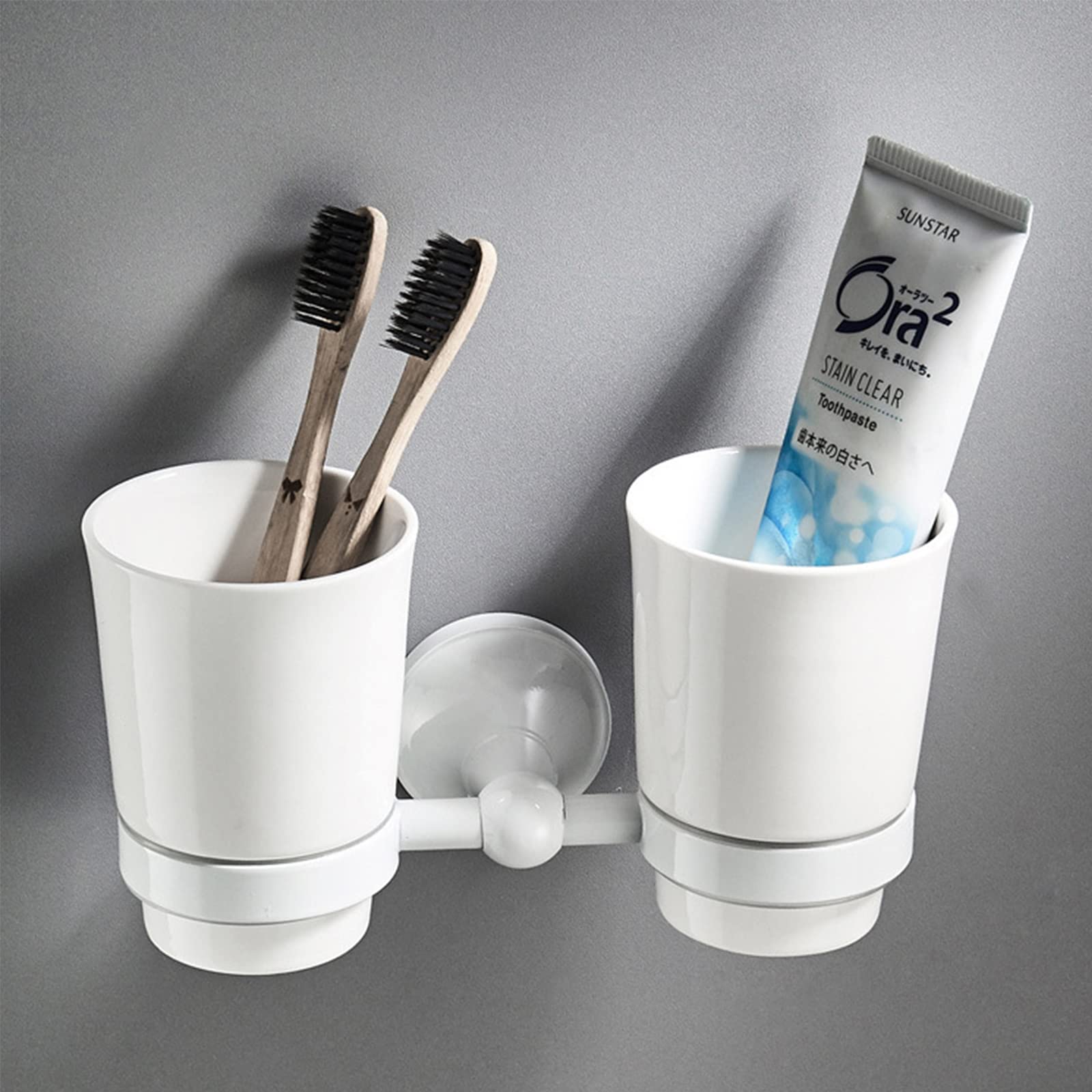 Soporte De Cepillo De Dientes Blanco, Soporte De Cepillo De Dientes Doble De Latón Macizo para Decoración De Baño, Soporte De Cepillo De Dientes Montado En La Pared con Taza De Cerámica