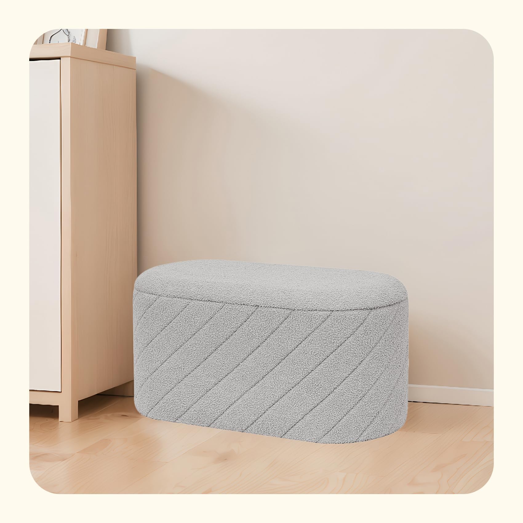 PINPLUS Panca Contenitore con Coperchio Imbottito, Ovale e Pieghevole, in Tessuto Boucle, come Poggiapiedi per Soggiorno e Camera, 76x38x38 cm, Grigio
