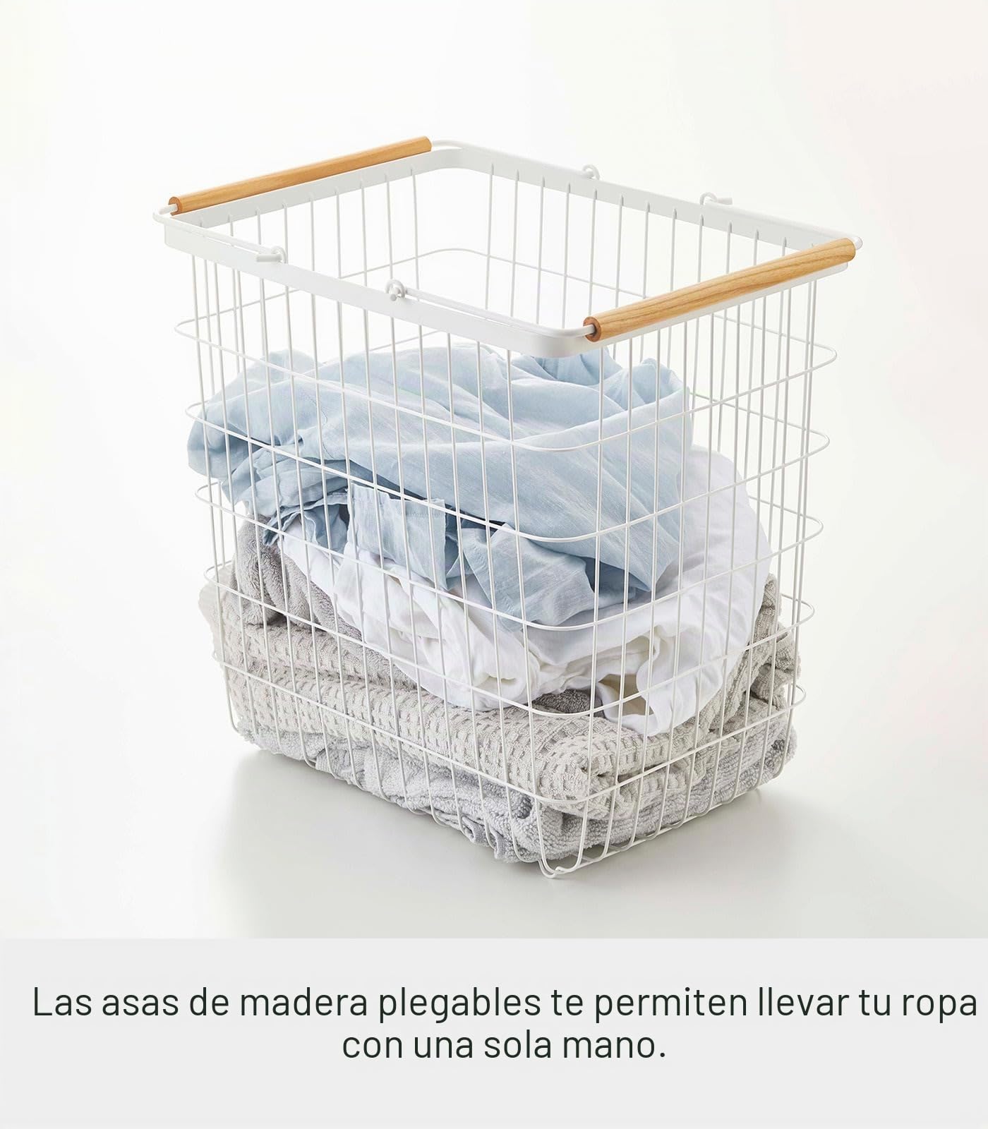 Yamazaki 2810 TOSCA Cesto para la ropa sucia grande, blanco, Acero/Madera, minimalista, 41.5 x 31 x 38.5 cm