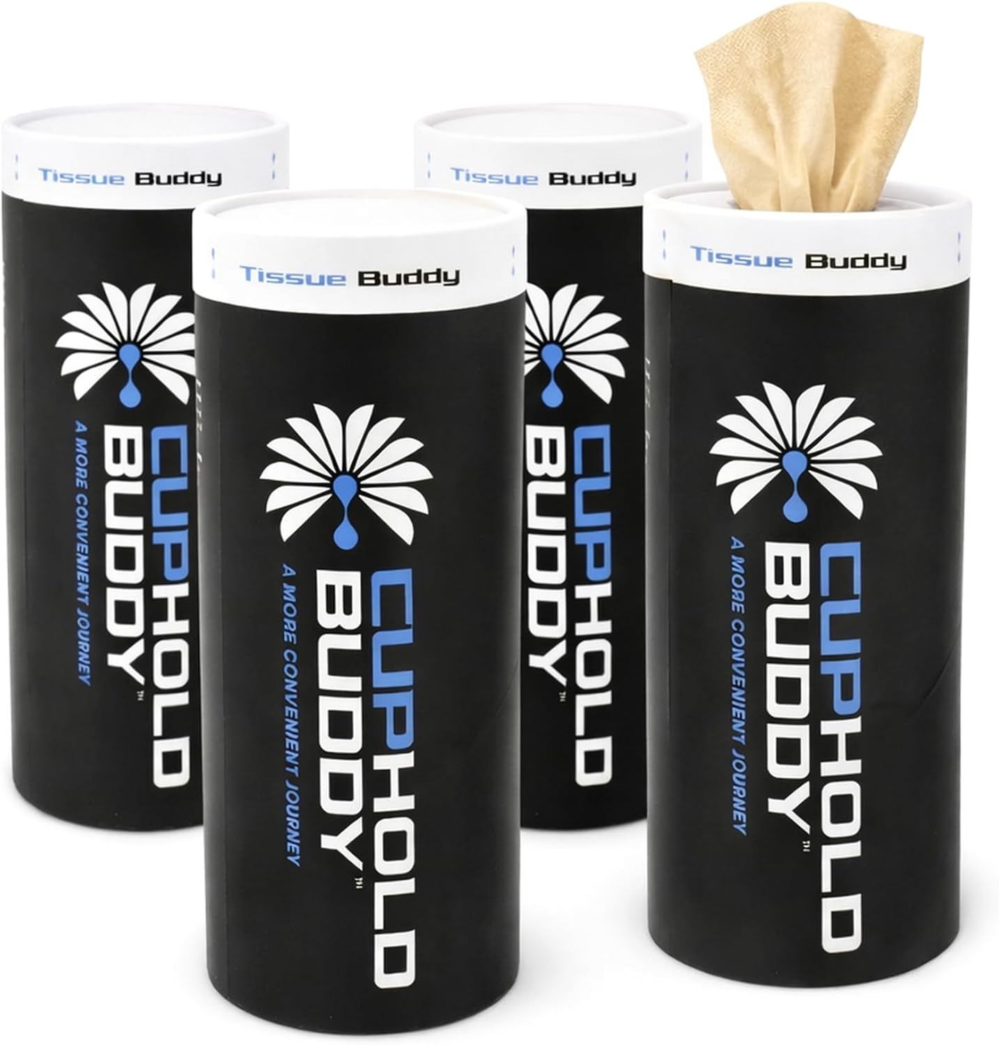 Cupholdbuddy Bamboo Car Cup Holder Tissues, 3-Ply Refillable Car Tissue Box, Plastic-Free & Non-Toxic, Fits Most Vehicle Cup Holders, Eco-Friendly, Pack of 4