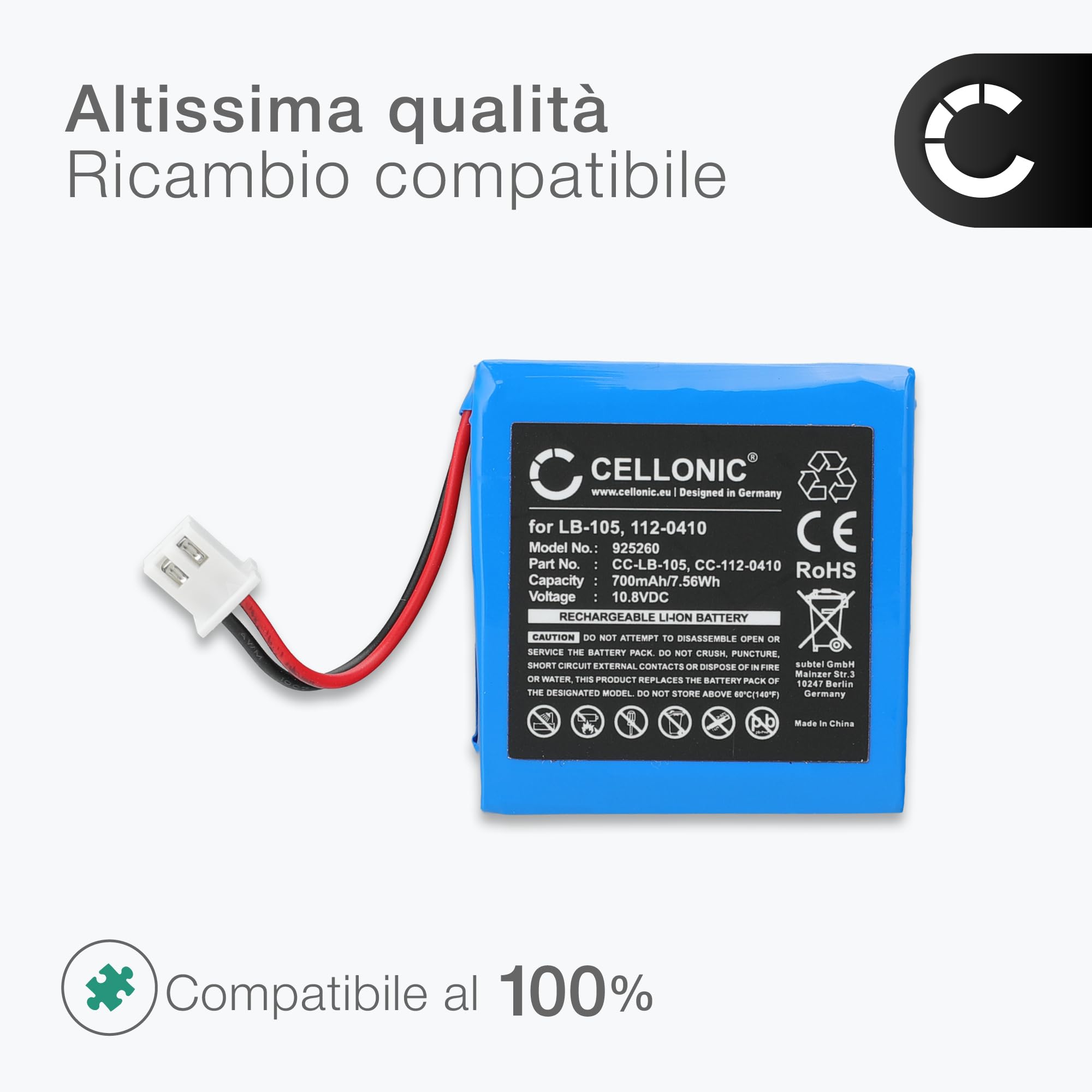 subtel 2x Batteria compatibile con Safescan 135i, 155-S, LB-105 | 2x, (700mAh-10.8V-Ioni di Litio), Terminale di pagamento / POS Batteria per Safescan 135i, 155-S, 155i, 165i, LB-105, 185-S