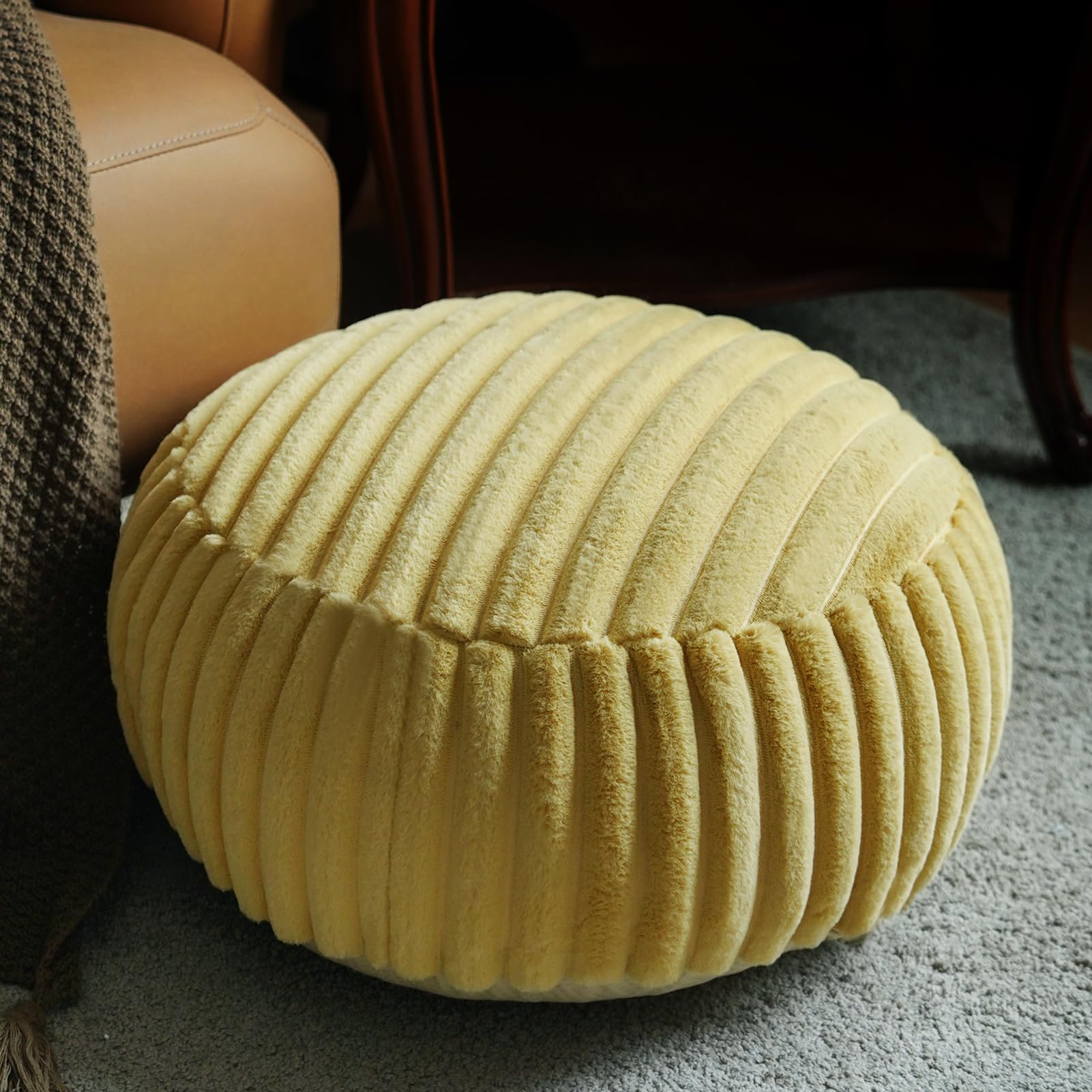 Photo 1 of Artbloss Unstuffed Pouf Ottoman Cover Soft Storage Extra Seat Farmhouse Comfortable Bohemian Poufs Accent Footrest 20x20x8 Inches for Living Room Bedroom Study Nook (Yellow B, Round)