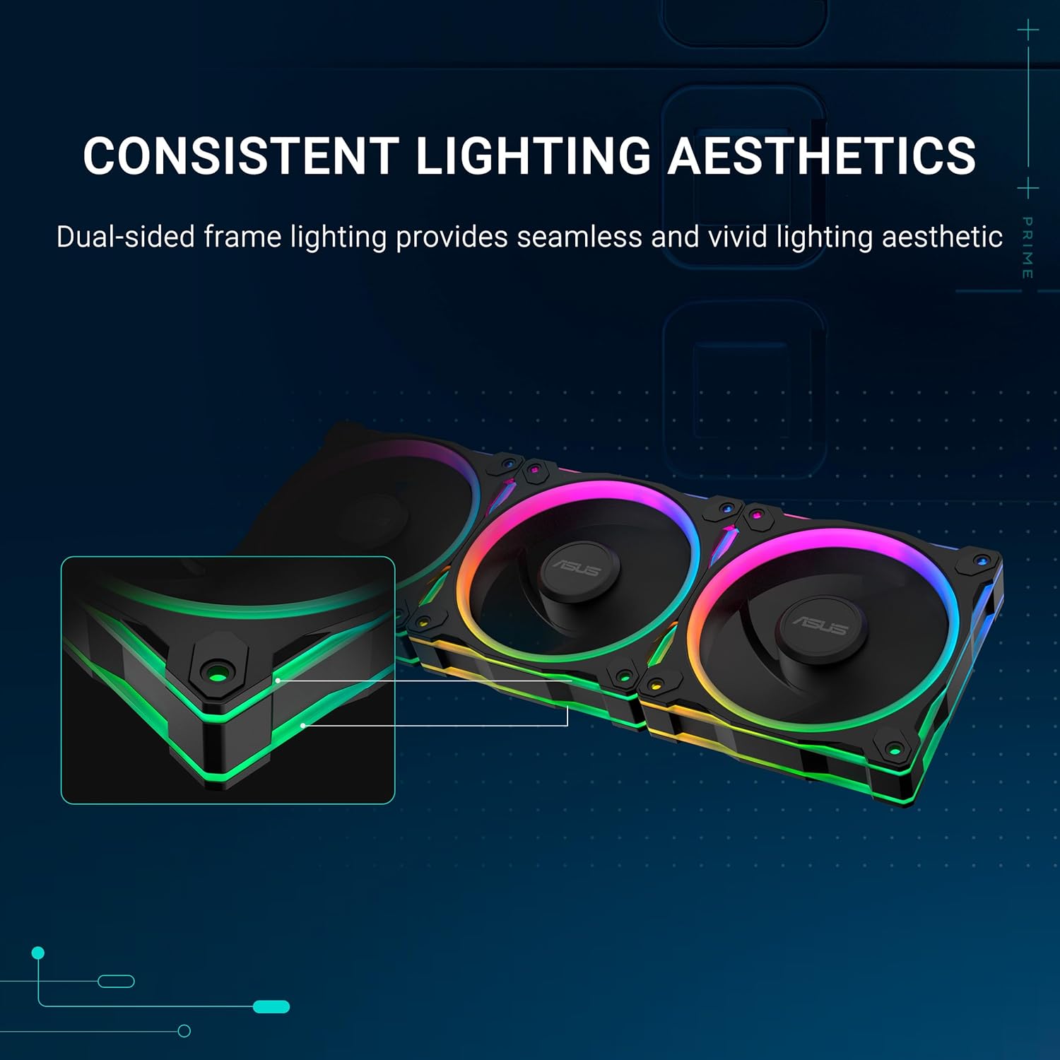 Three ASUS Prime MR120 ARGB fans demonstrating dual-sided lighting