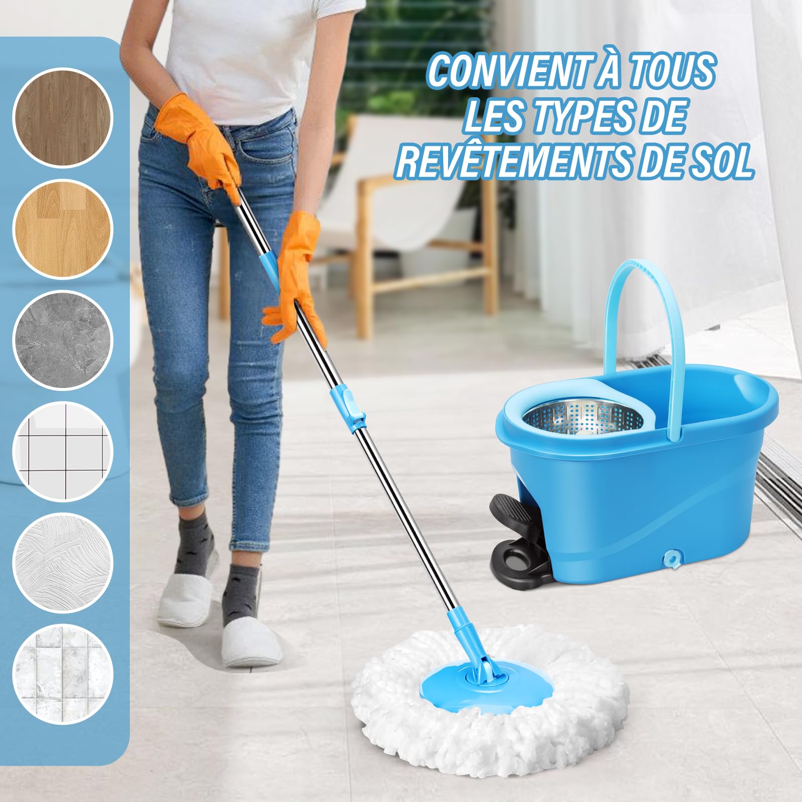 HEVOL Set de Serpillière avec Seau pour Le Nettoyage Sol, Seau Essoreur à Pédale et Balai à Franges en Microfibre, Serpillère Rotative 360° et 5 Tampons pour Le Nettoyage Sol, Carrelés, Bleu Pâle