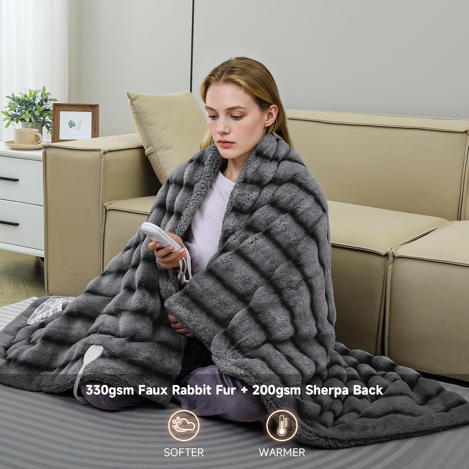 Heated Blanket Electric Throw- 50"x60" Soft Thick Faux Fur Electric Blanket for Sofa with 5 Heat Levels & 4 Hours Auto-Off Overheat Protection, Warm Cozy Gifts, Grey