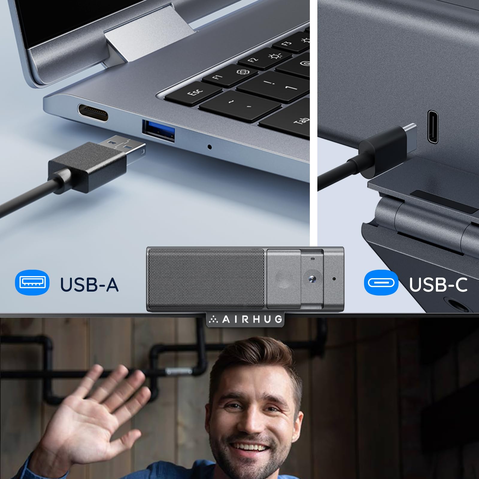 AIRHUG 3 in 1 1080P Webcam with Microfono & Speaker | USB Camera, Built-in Privacy Cover, Video Conferencing/Online Class/Gaming Live