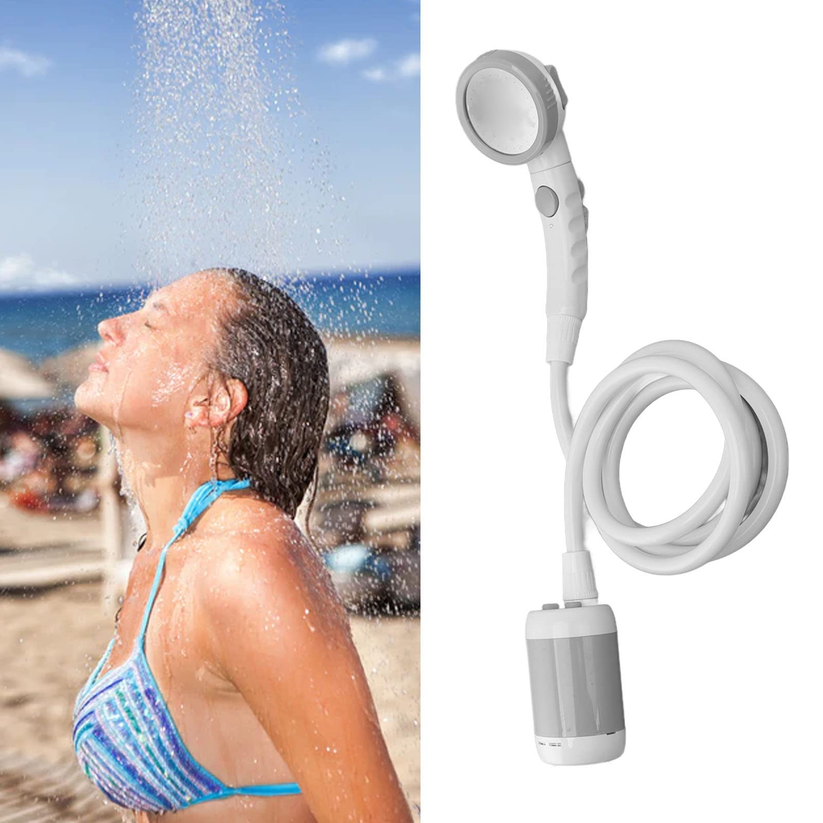 Gavigain Portable Outdoor Shower, Electric Shower Outdoor Shower Pump Stainless Steel PVC 3 Gear Electric Camping Shower Pump for Hiking Backpacking Camping Travel Beach Pet (Silver Grey)