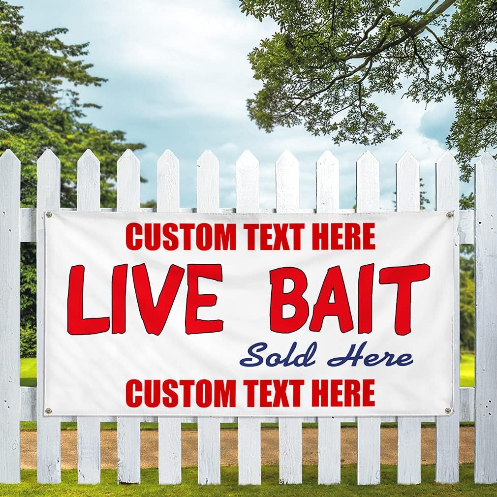 Custom Vinyl Banner Multiple Sizes Live Bait Sold Here Business Bait Outdoor Weatherproof Industrial Yard Signs 10 Grommets Personalized Text Here 60x144Inches